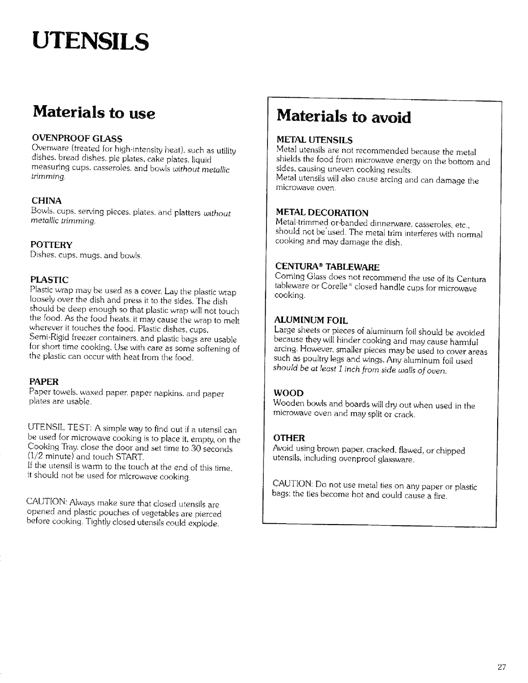 Kenmore 99721 manual Utensils, Materials to use, Materials to avoid 