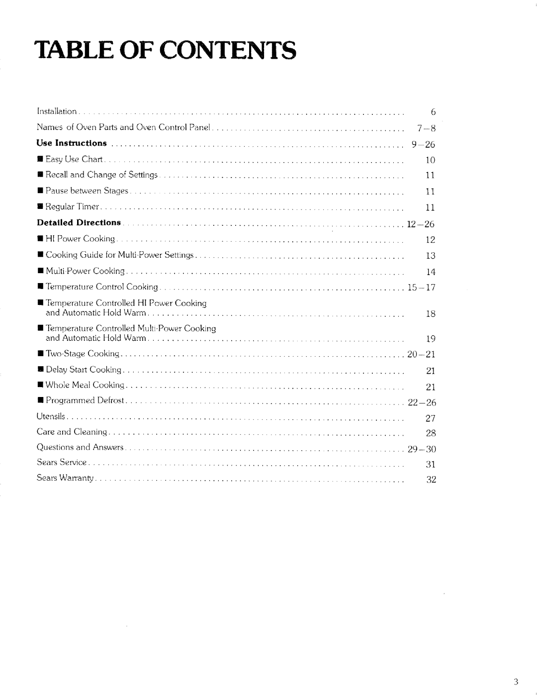 Kenmore 99721 manual Table Of Contents 
