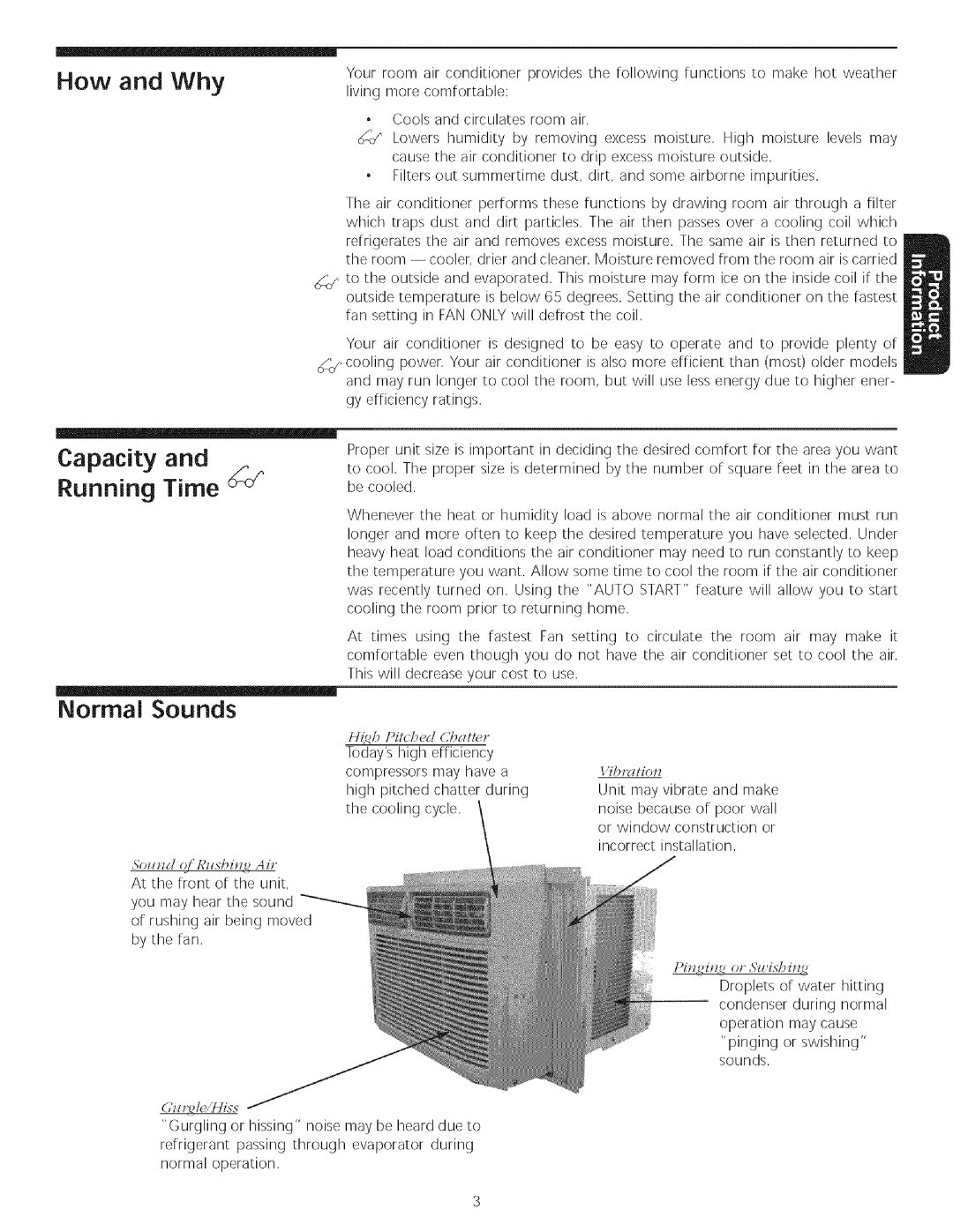 Kenmore Air Conditioner owner manual How and Why Capacity and Running Time, Normal Sounds 