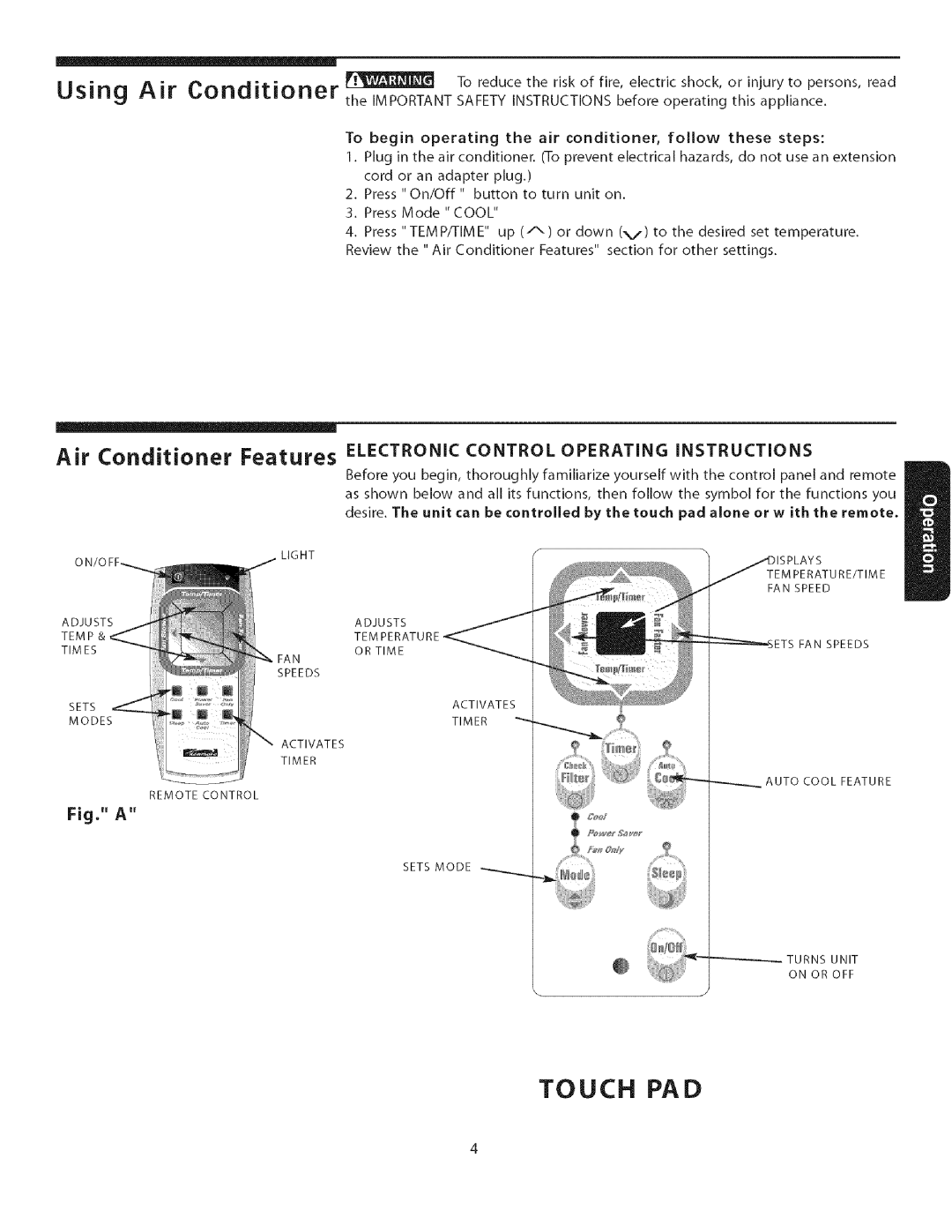 Kenmore Air Conditioner owner manual Touch PAD 