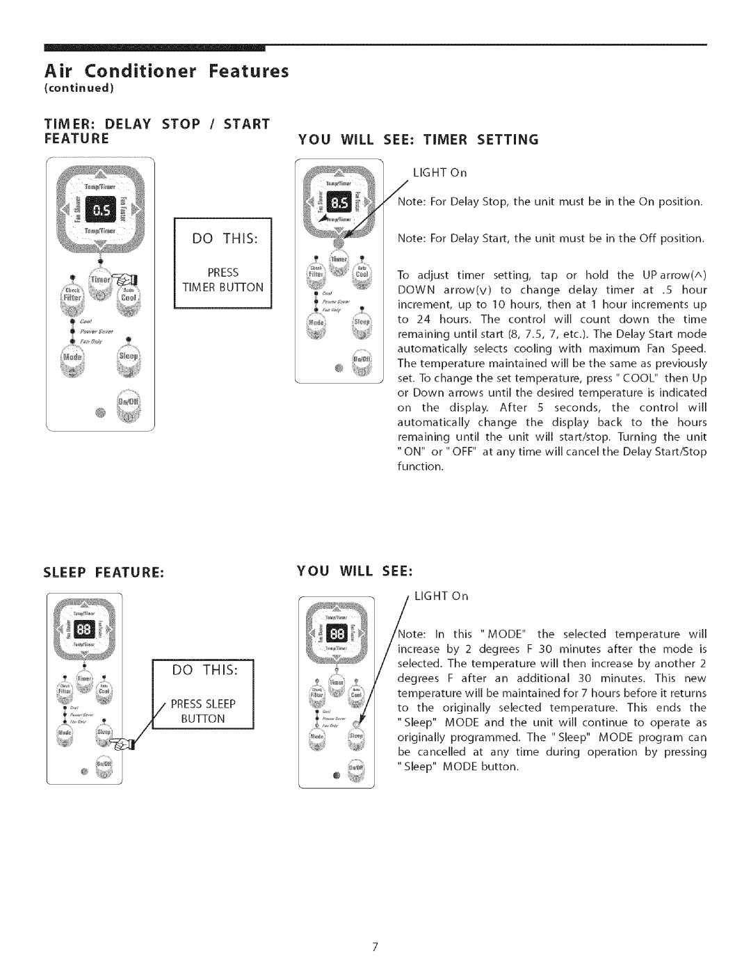 Kenmore Air Conditioner owner manual Timer Delay Stop Start Feature, Sleep Feature YOU will see 