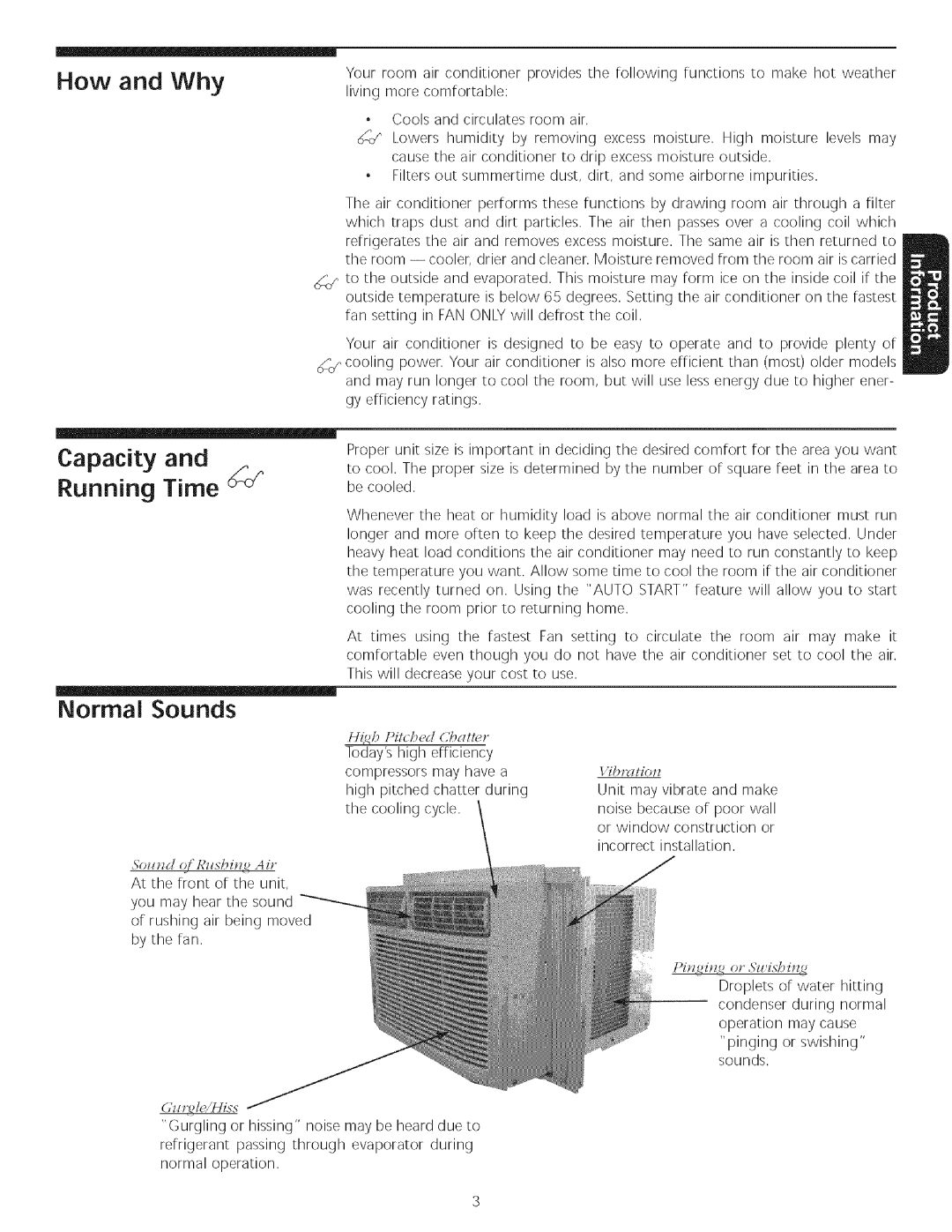 Kenmore Air Conditioner owner manual How and Why Capacity and Running Time, Normal Sounds, So ftzdctflR sbit ,.,Air 