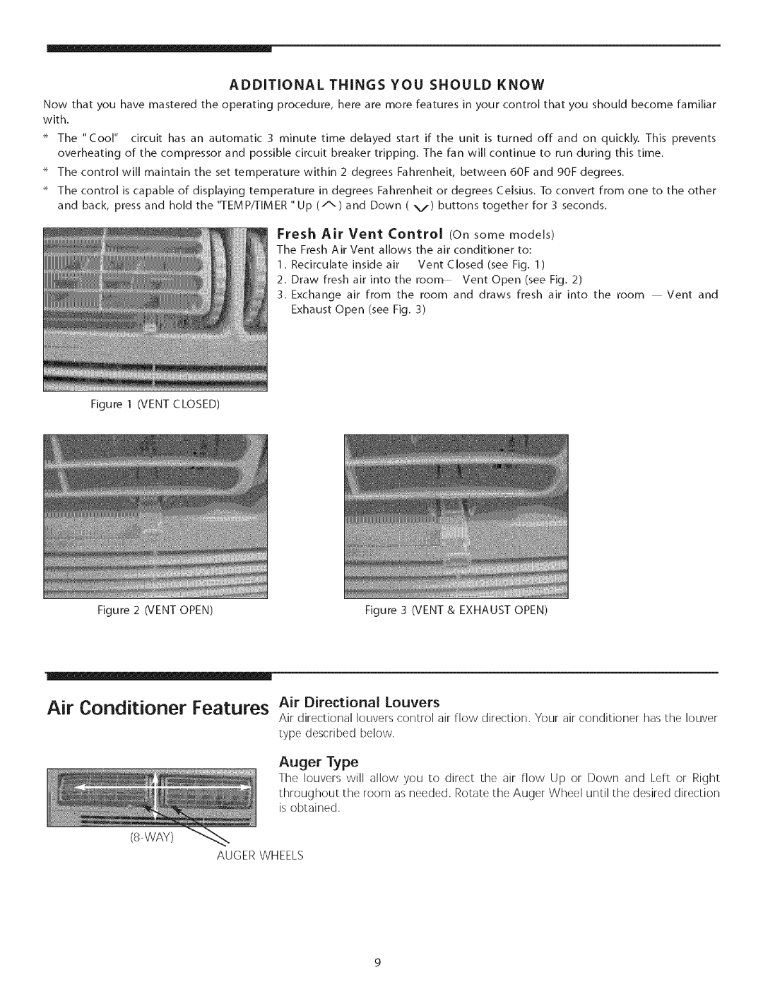 Kenmore owner manual Air Conditioner Features Air Directional Louvers, Auger Type 