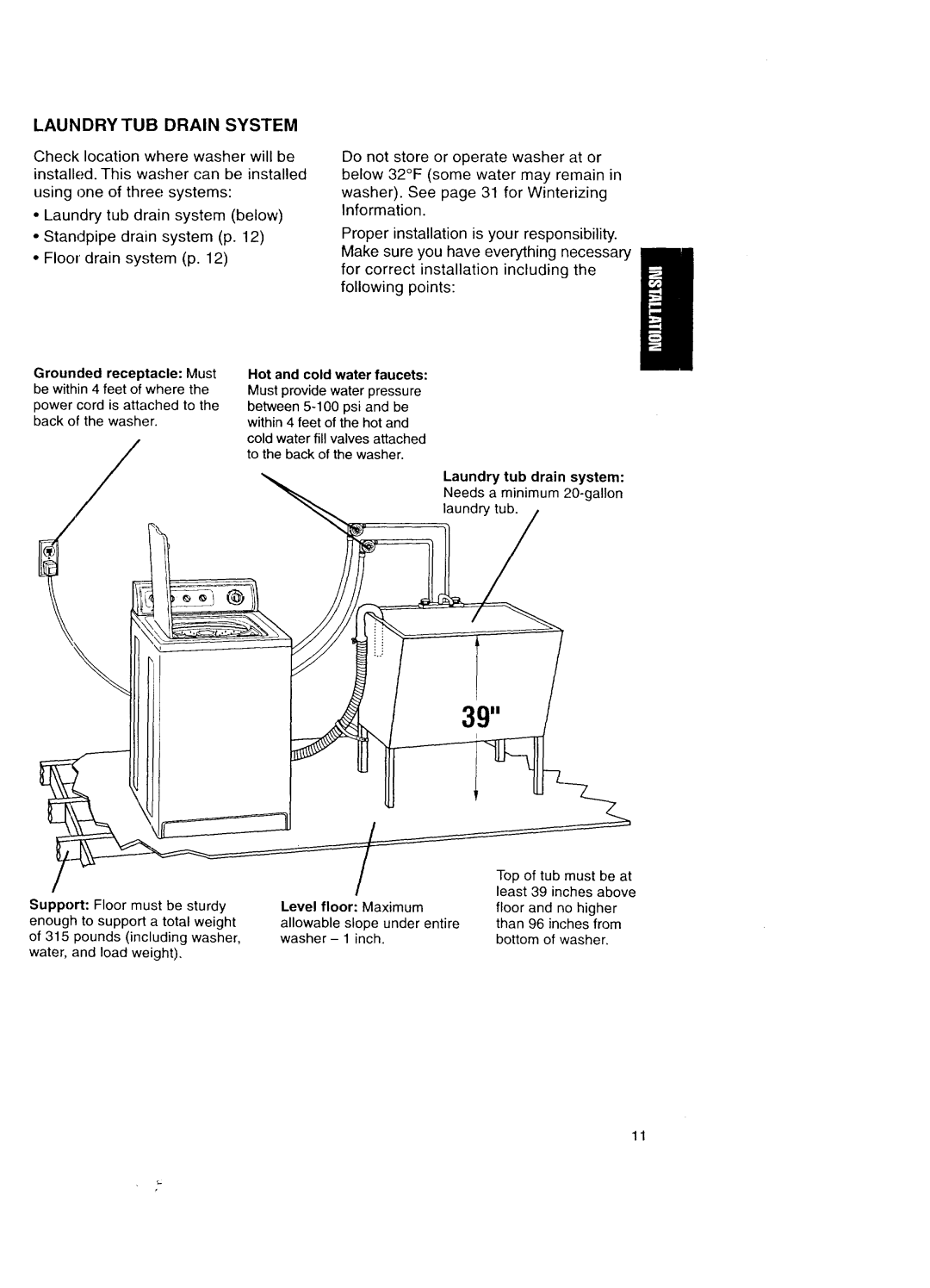 Kenmore Automatic Washers owner manual Laundry TUB Drain System, Hot and cold water faucets 