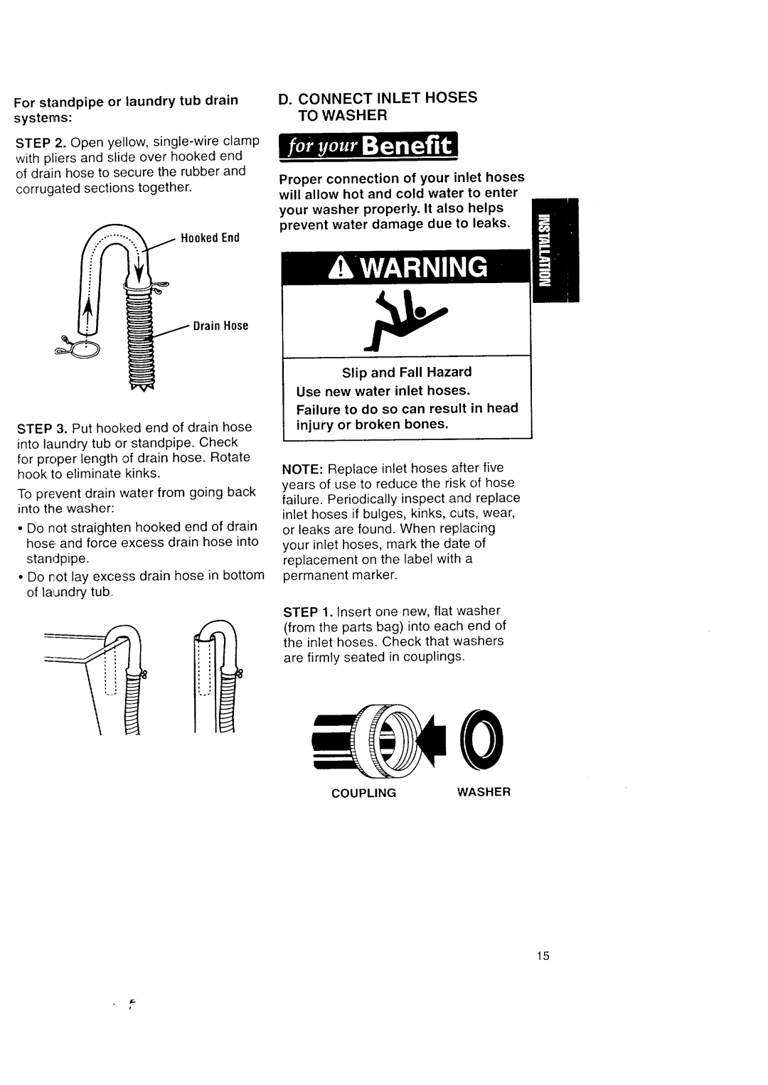 Kenmore Automatic Washers For standpipe or laundry tub drain, HookedEnd Drain Hose, Connect Inlet Hoses, To Washer 