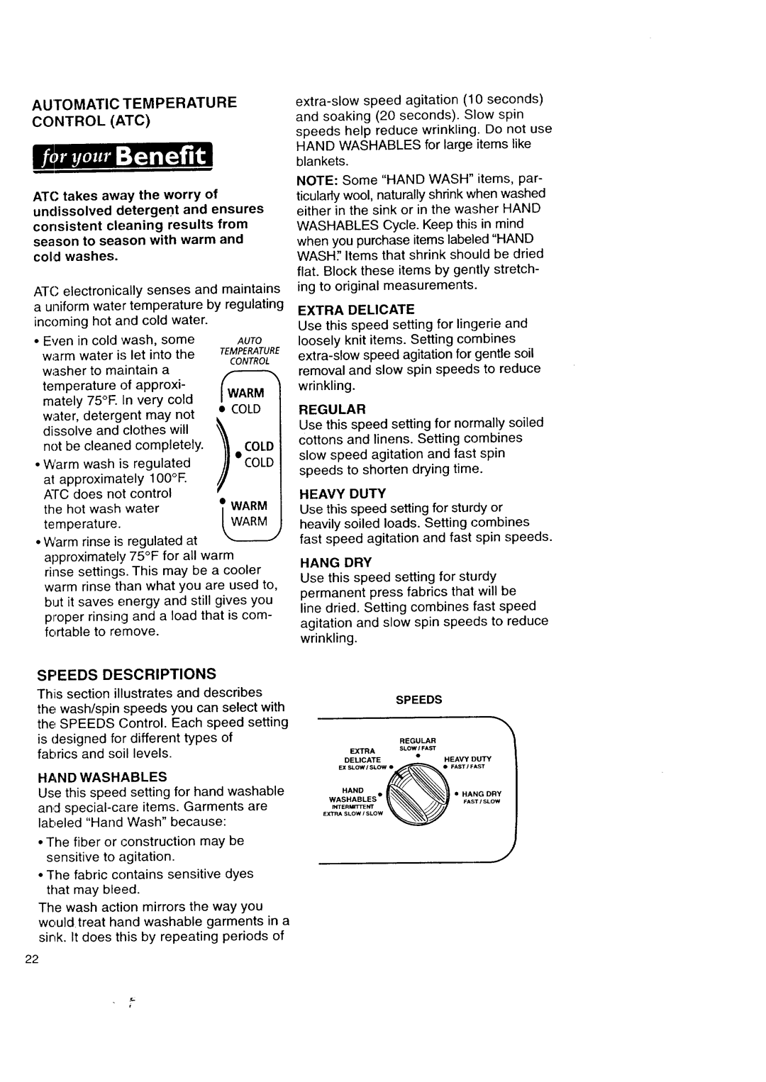 Kenmore Automatic Washers owner manual Automatic Temperature Control ATC, Speeds Descriptions 