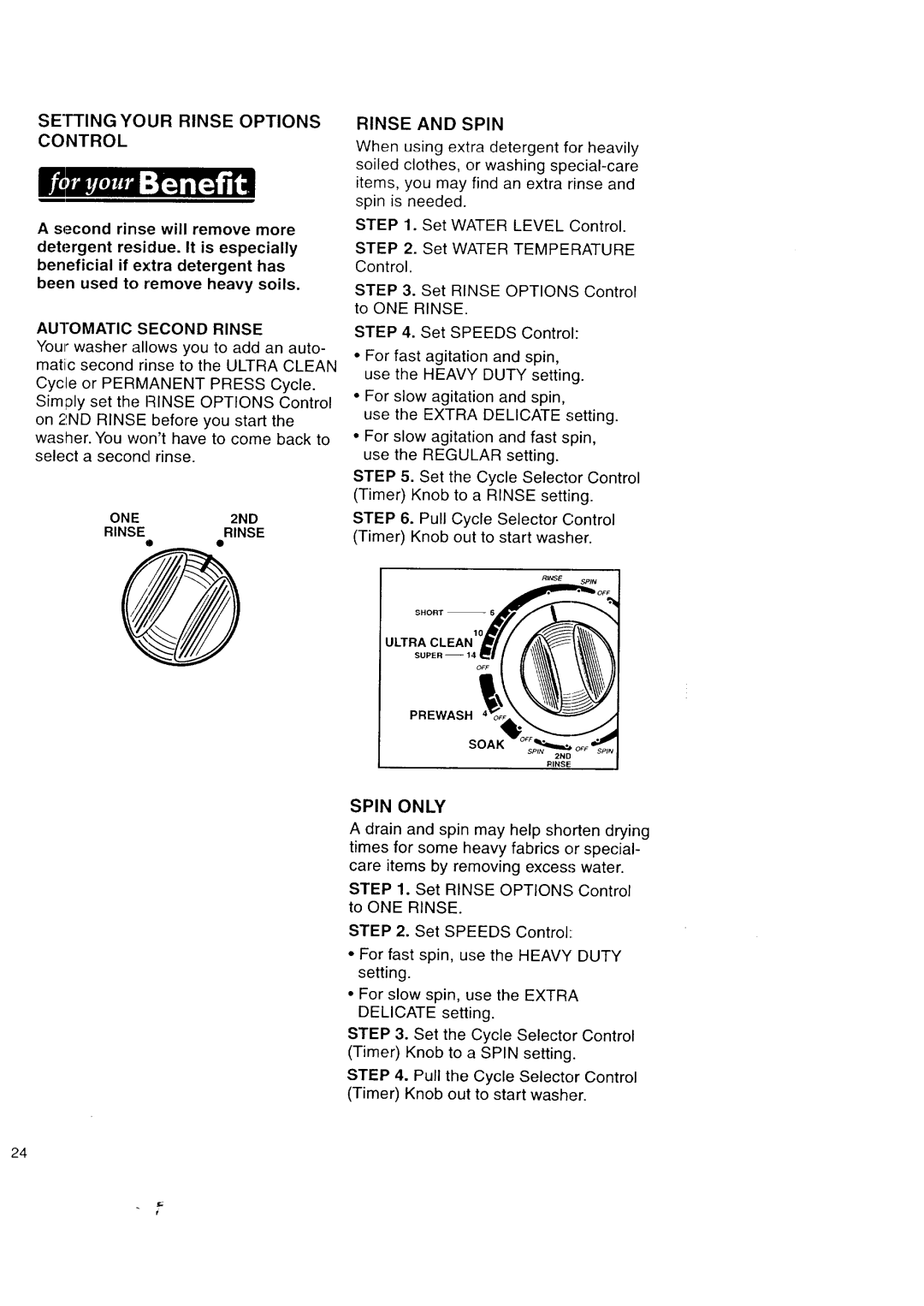 Kenmore Automatic Washers Setting Your Rinse Options, Spin only, Automatic Second Rinse, ONE2ND Rinserinse, Rinse and Spin 