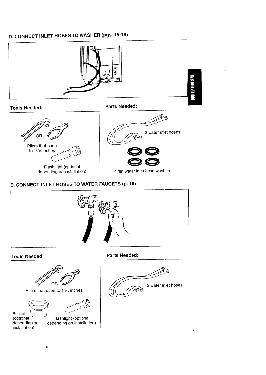 Kenmore Automatic Washers owner manual Connect Inlet Hoses to Washer pgs Tools Needed Parts Needed, Water inlet hoses 