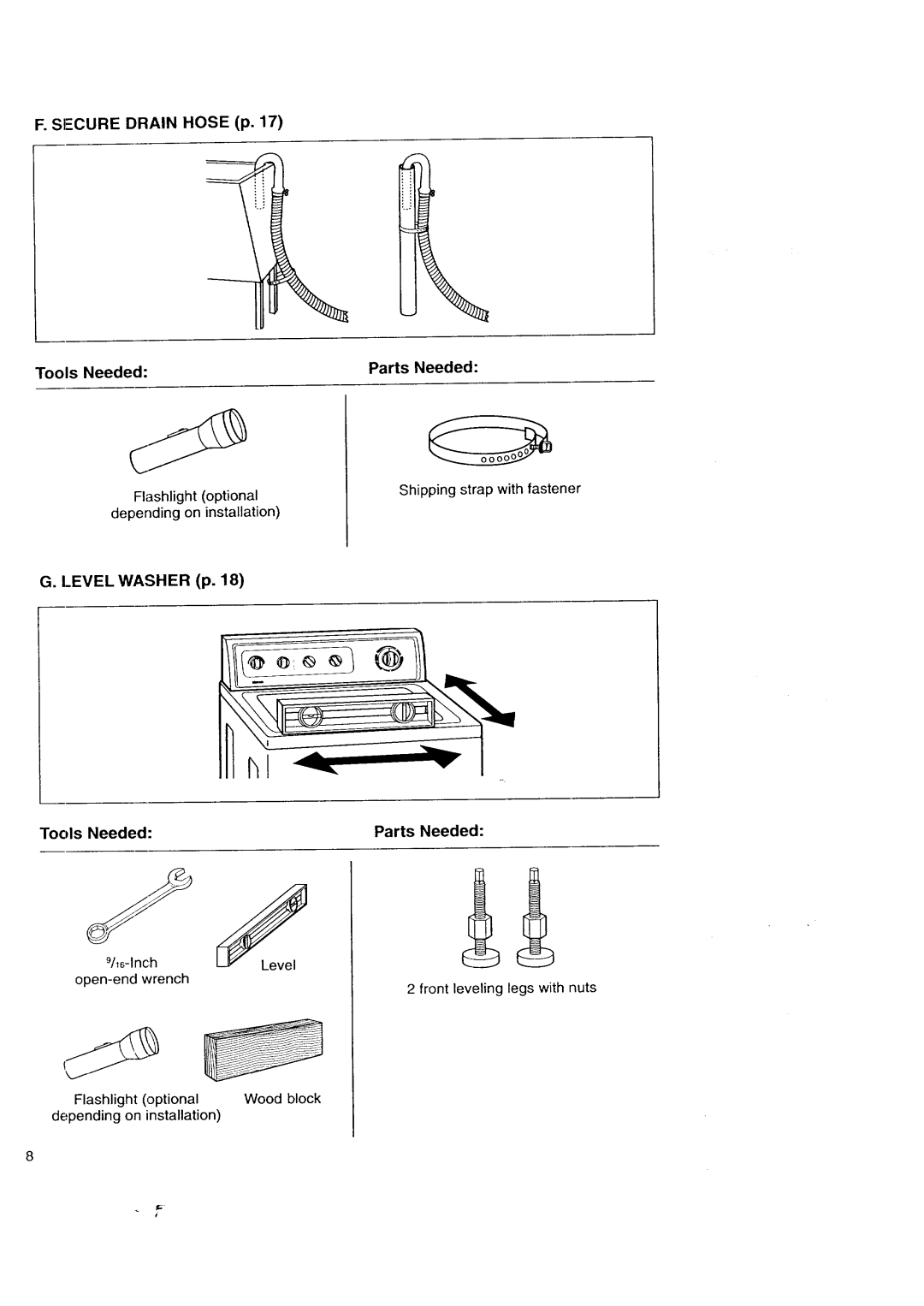 Kenmore Automatic Washers owner manual Secure Drain Hose p Tools Needed, Level Washer p Tools Needed 