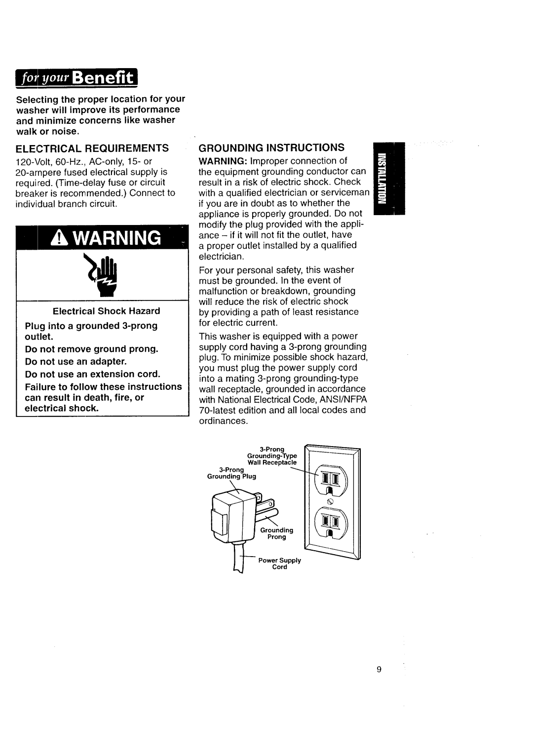 Kenmore Automatic Washers owner manual Grounding Instructions, Electrical Requirements 