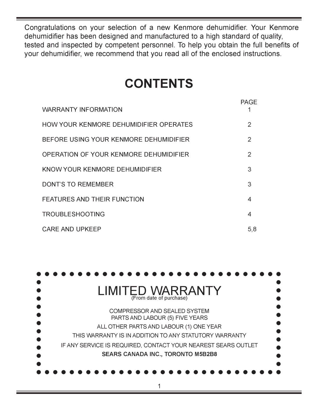 Kenmore C675-25010 manual Contents 