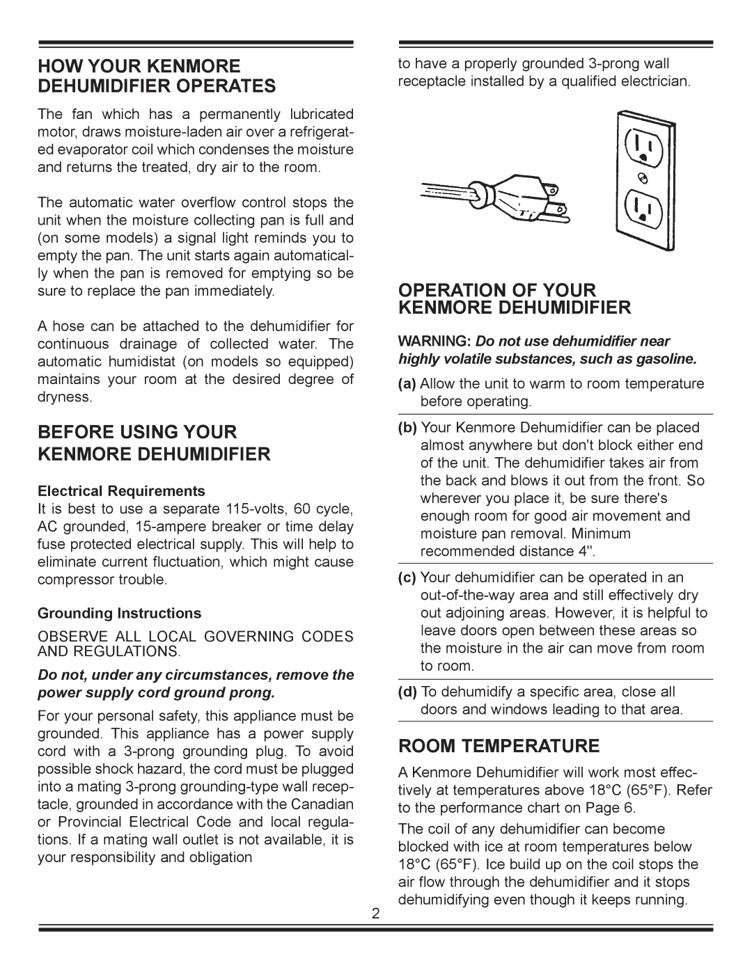 Kenmore C675-25010 manual HOW Your Kenmore Dehumidifier Operates, Before Using Your Kenmore Dehumidifier, Room Temperature 