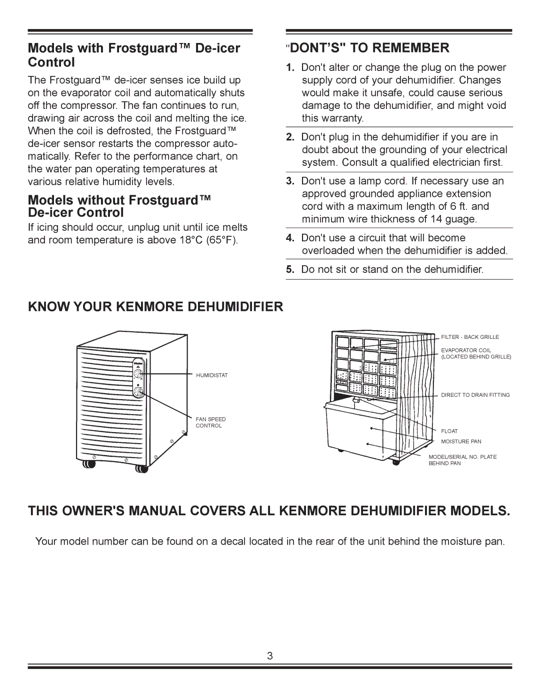 Kenmore C675-25010 manual DONT’S to Remember, Know Your Kenmore Dehumidifier 