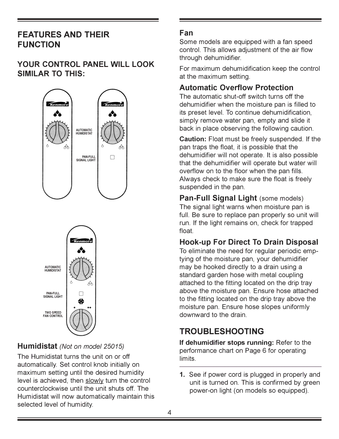 Kenmore C675-25010 manual Features and Their Function, Troubleshooting 