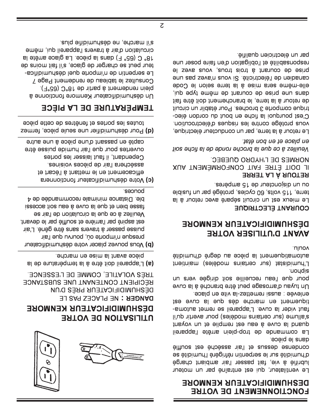 Kenmore C675-25010 manual Pièce La De Température, Kenmore Déshumidificateur Votre Dutiliser Avant 