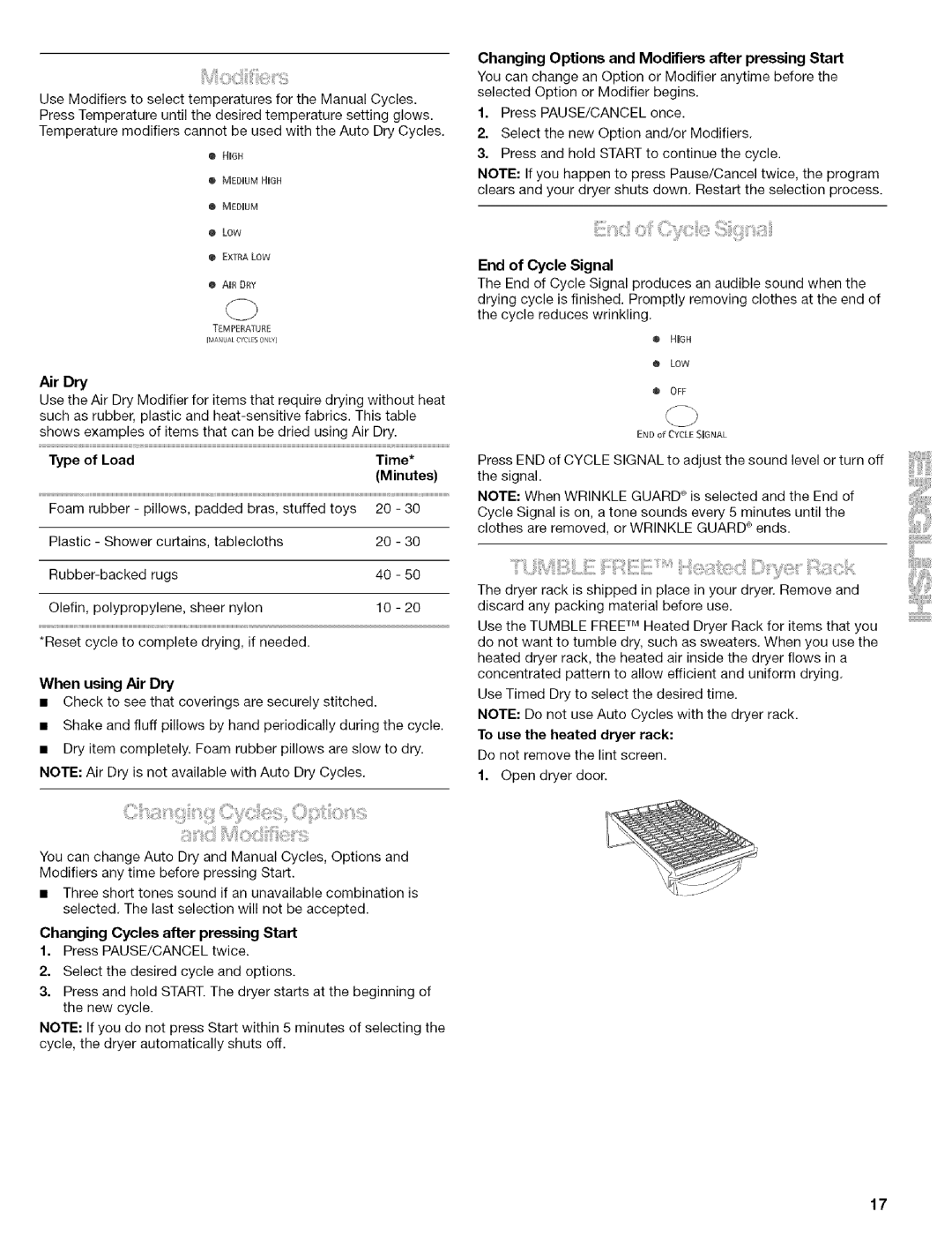 Kenmore 110.C8508 Type of Load Time, When using Air Dry, Changing Cycles after pressing Start, End of Cycle Signal 