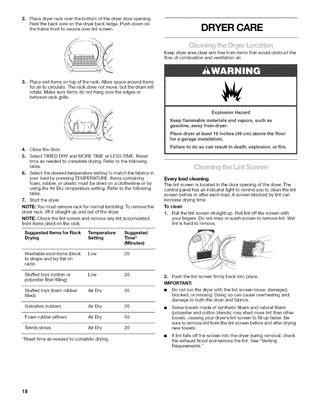 Kenmore C8587 Dryer Care, Suggested Items for Rack Temperature, Drying Setting Time Minutes, Every load cleaning, To clean 