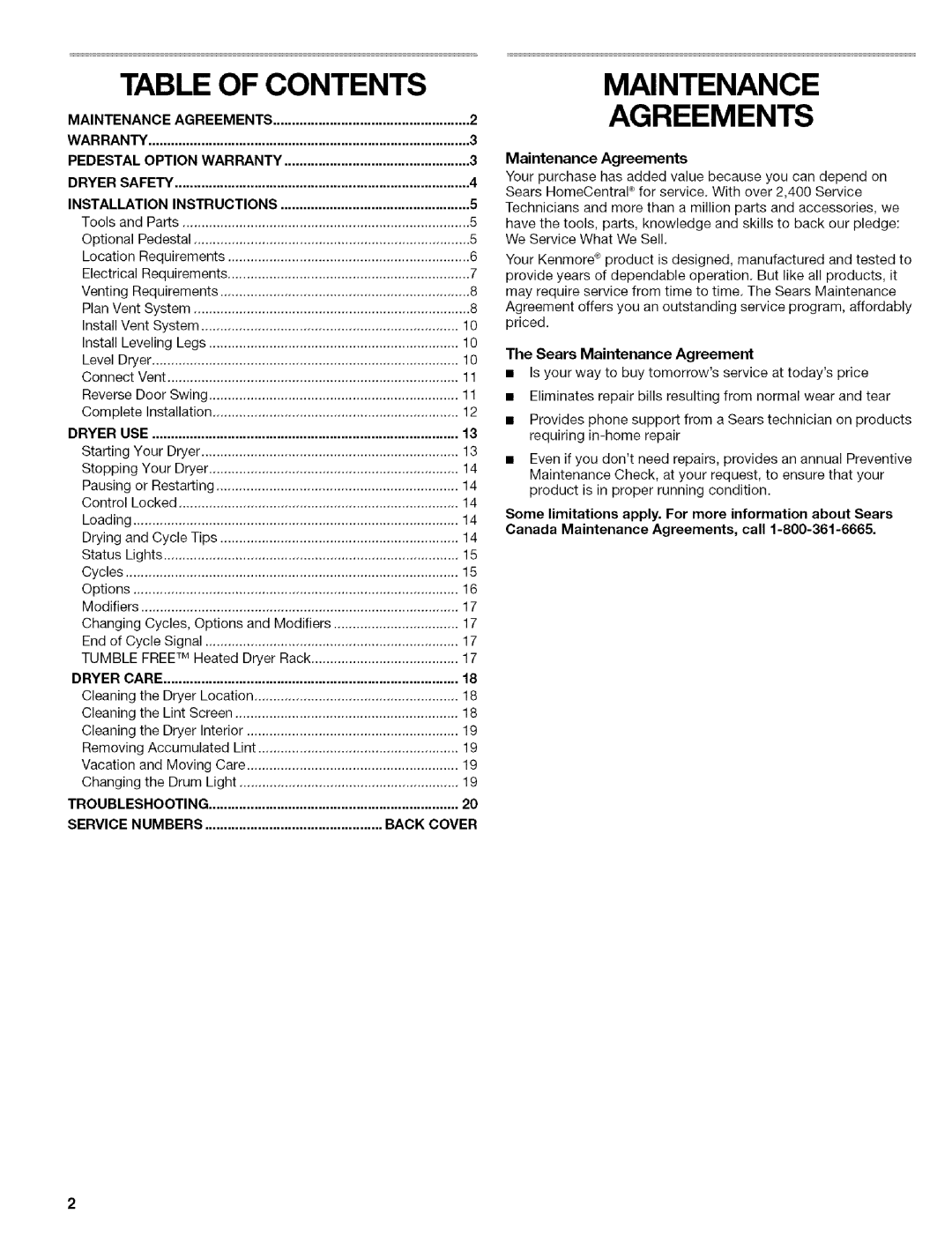 Kenmore 110.C8508, C8587, C8586 manual Table of Contents, Maintenance Agreements 