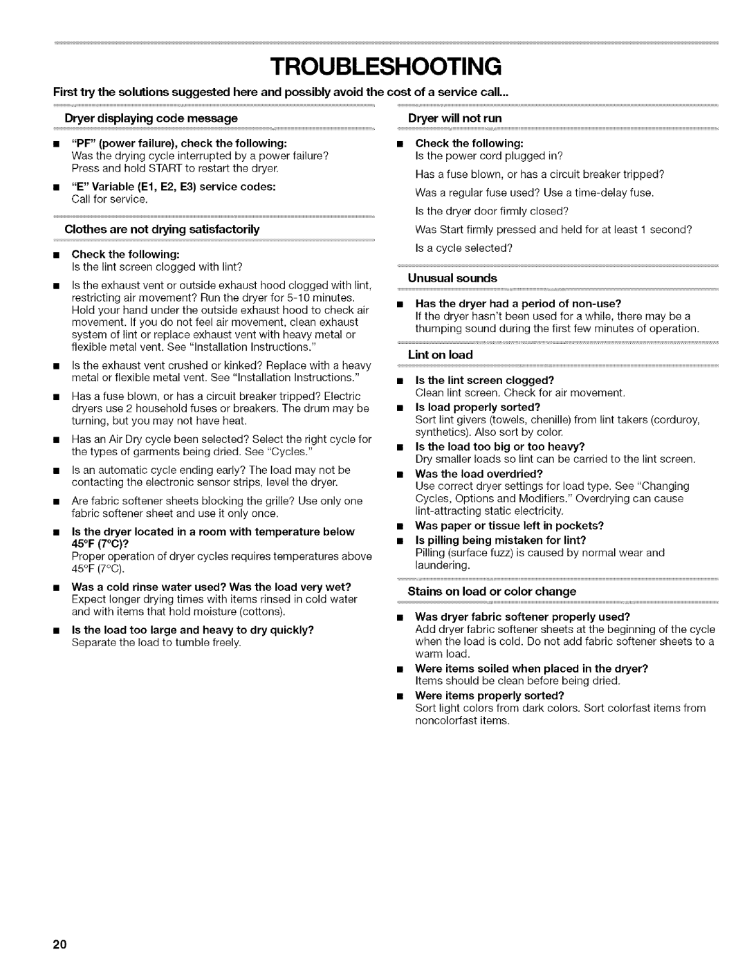 Kenmore 110.C8508, C8587, C8586 manual Troubleshooting 