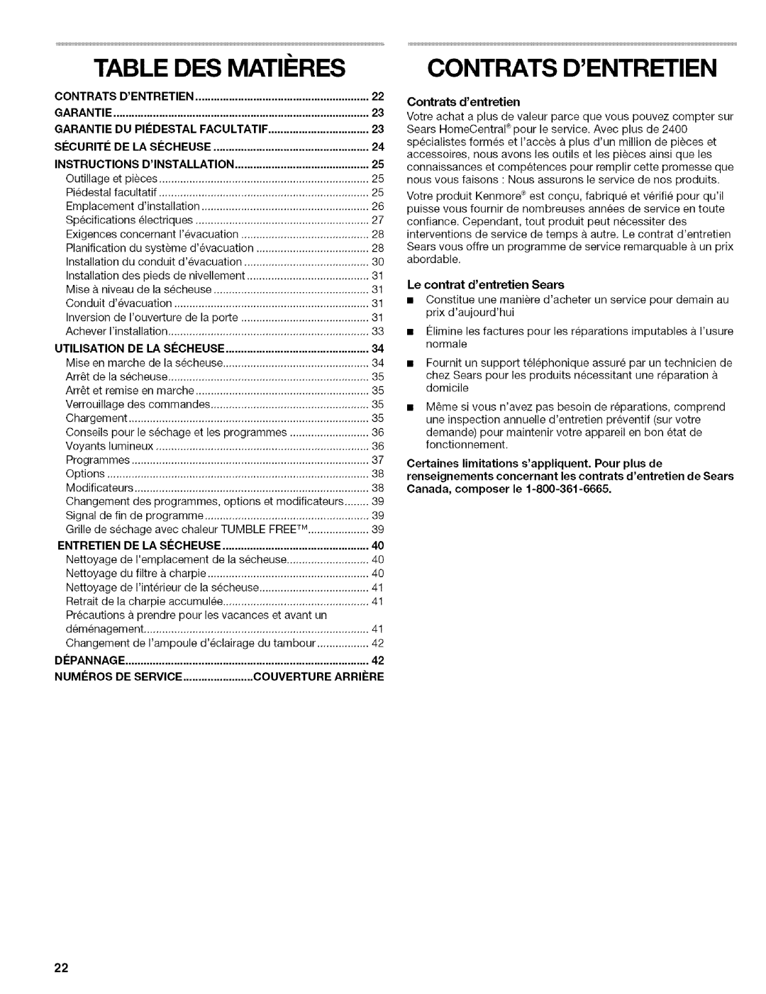 Kenmore C8586, C8587, 110.C8508 manual Table DES Matii RES, Contrats Dentretien 