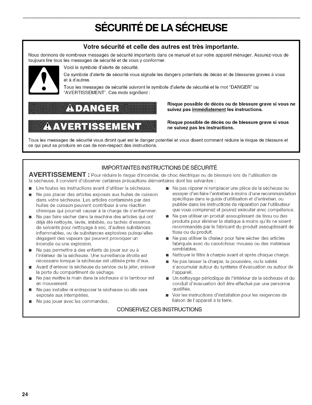 Kenmore C8587, C8586, 110.C8508 SI Curiti DE LA SI Cheuse, IMPORTANTES INSTRUCTiONS DE SECURiTE, CONSERVEZCESiNSTRUCTiONS 