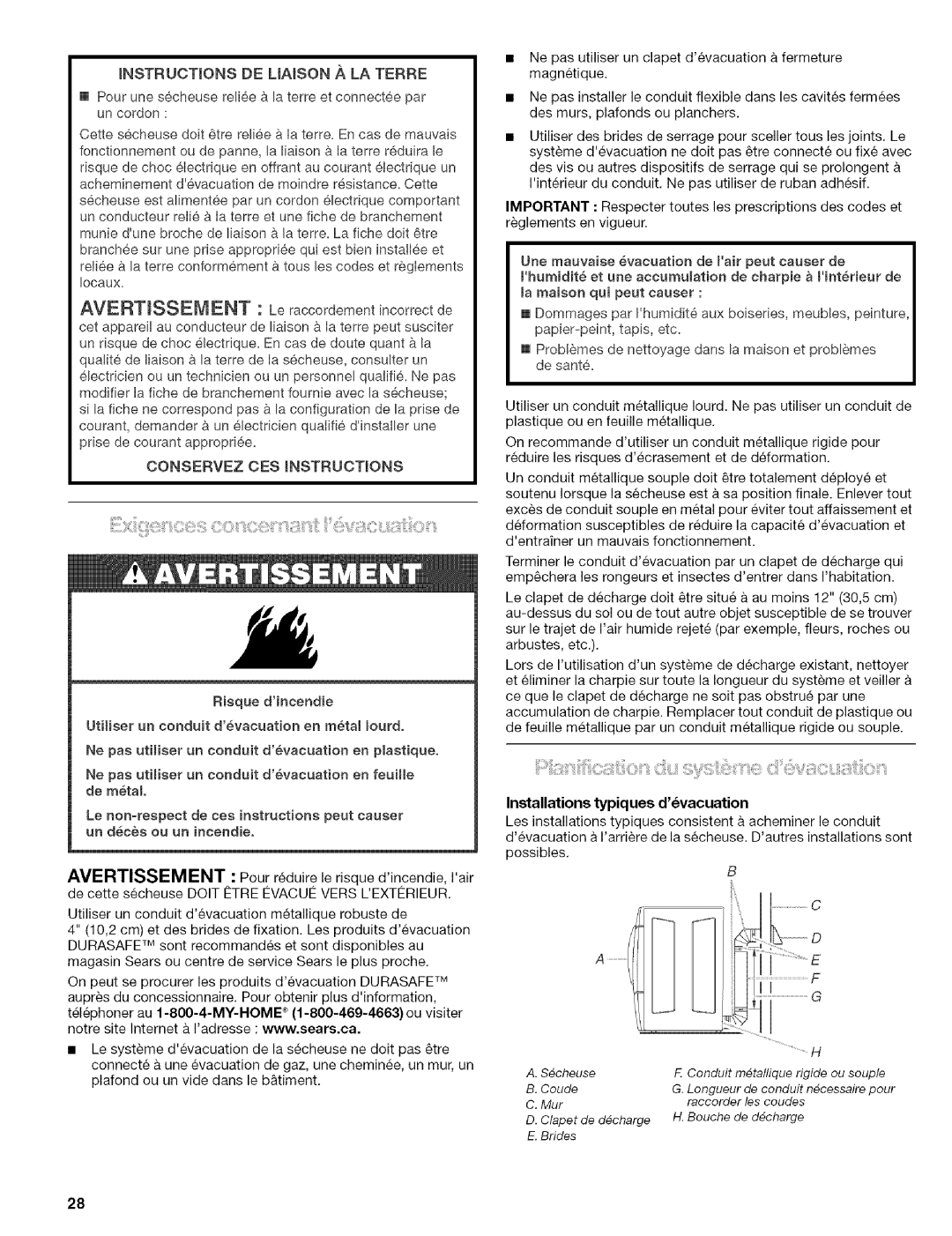 Kenmore C8586, C8587, 110.C8508 manual Instructions DE Uajson a LA Terre, Installations typiques dvacuation 