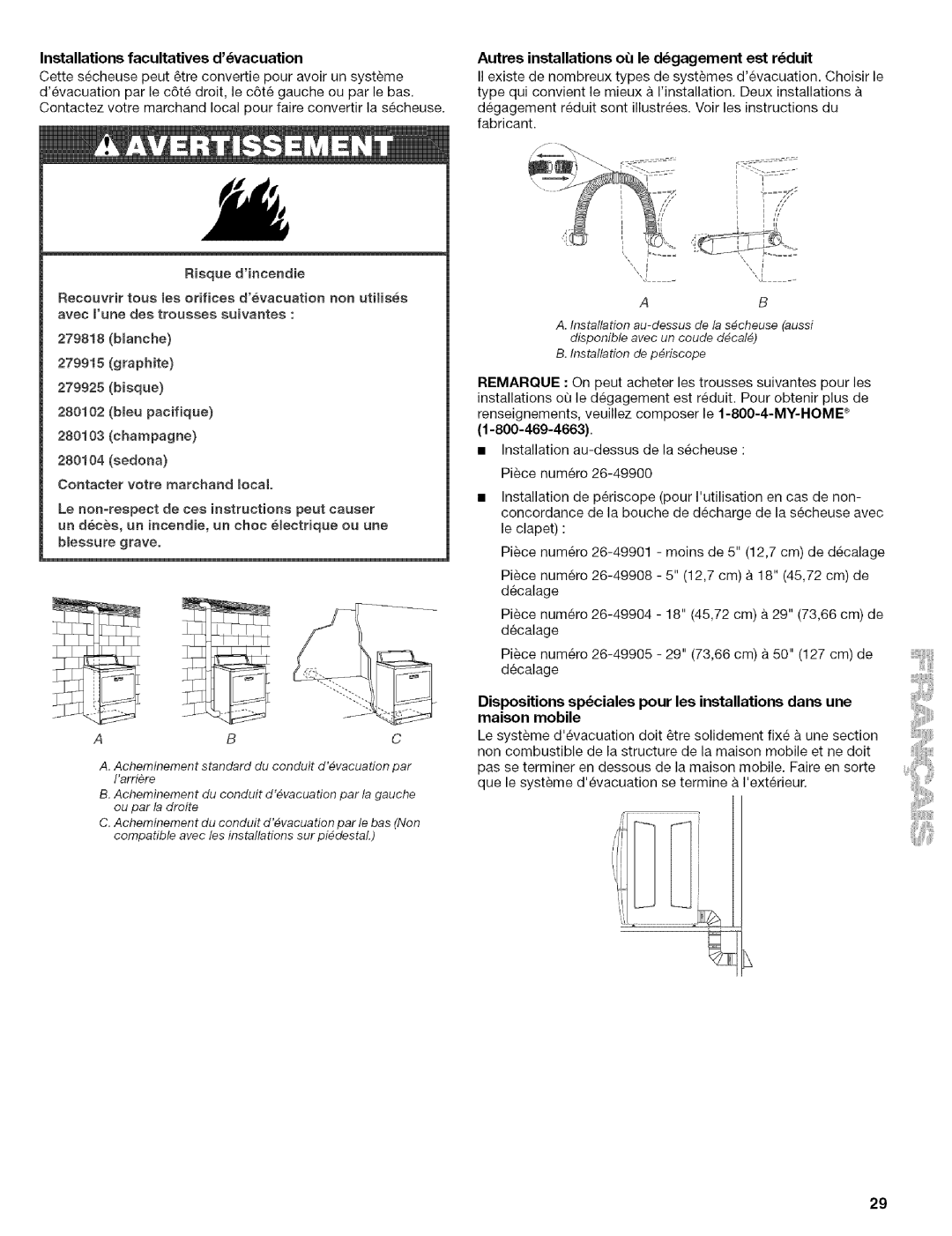 Kenmore 110.C8508 Installations facultatives dvacuation, Graphite Bisque, Autres installations ou le dgagement est r6duit 