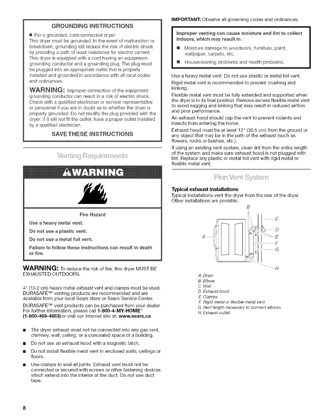 Kenmore 110.C8508 manual GROUNDmNG Instructions, Save These INSTRUOTmONS, Exhausted Outdoors, Typical exhaust installations 