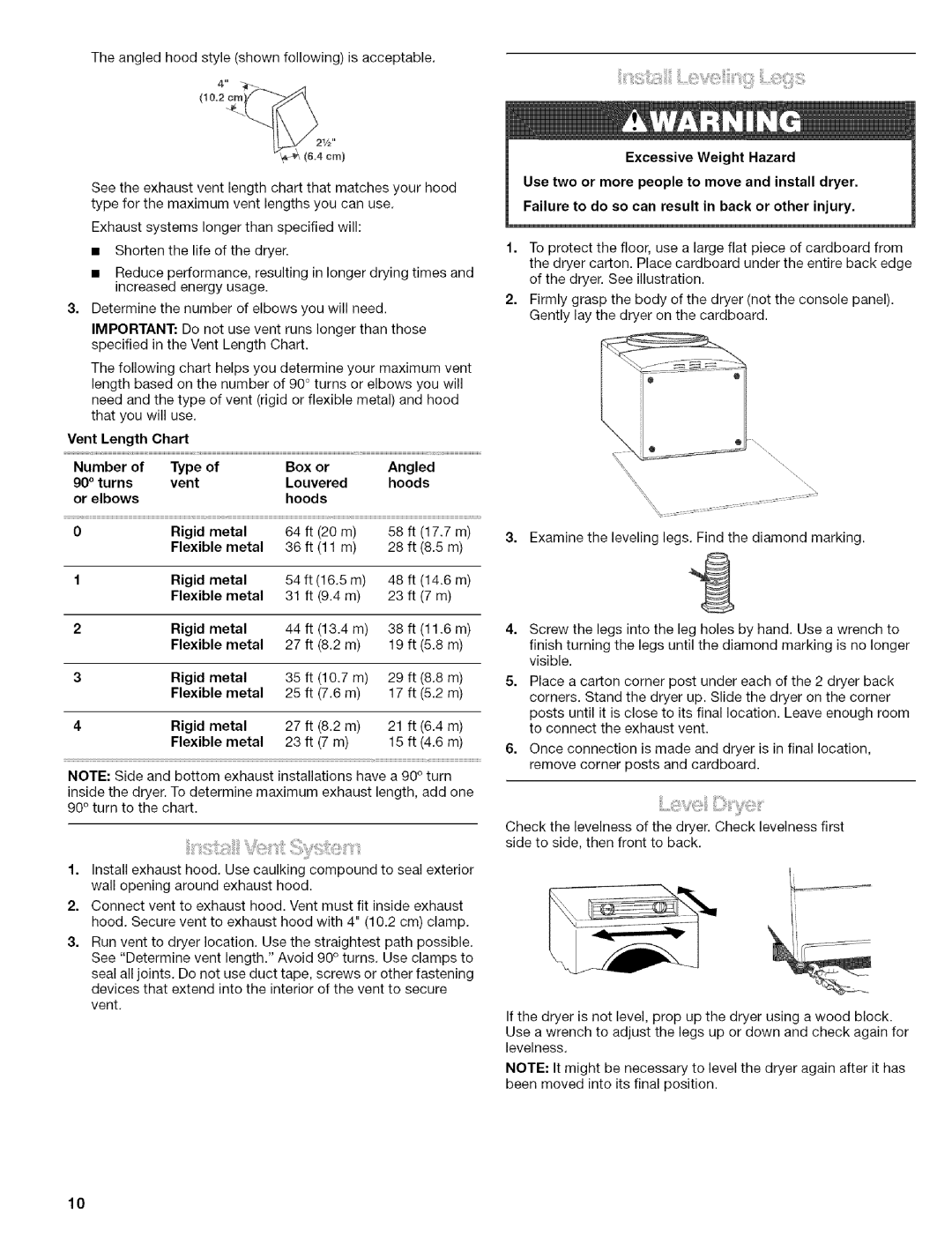 Kenmore C8586 Vent Length Chart, Number of, Type of, Box or, Angled, turns, vent, hoods, or elbows, Rigid metal, Flexible 
