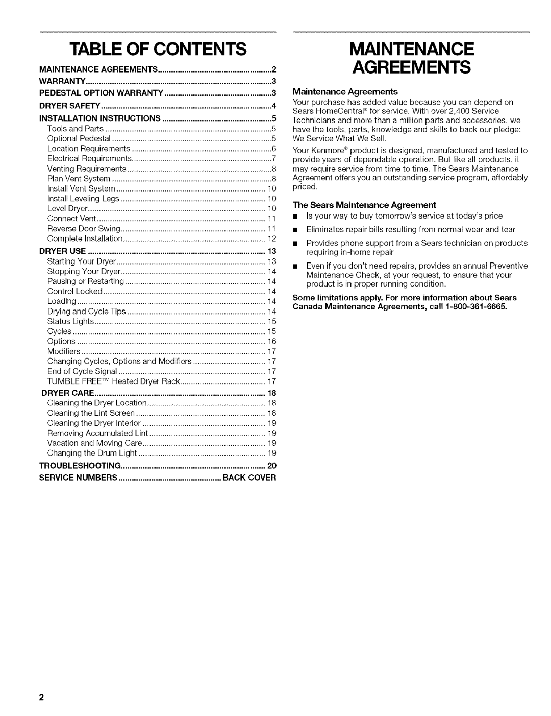 Kenmore 110.C8508, C8587, C8586 manual Table Of Contents, Maintenance Agreements, Pedestal, Installation, Back Cover 