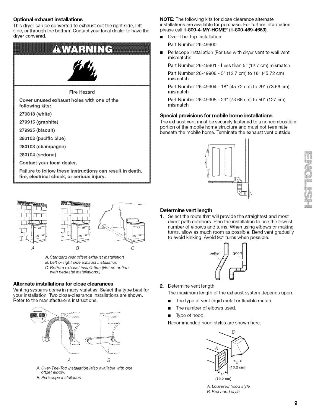 Kenmore C8587 Typeof hood Recommended hood styles are shown here, Optional exhaust installations, graphite 279925 biscuit 