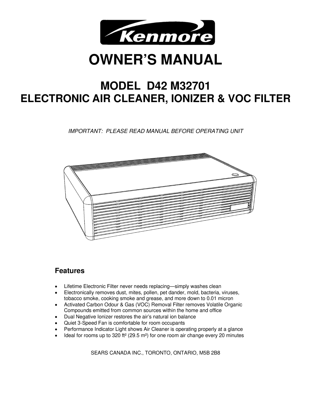 Kenmore owner manual Features, MODEL D42 M32701, Electronic Air Cleaner, Ionizer & Voc Filter 