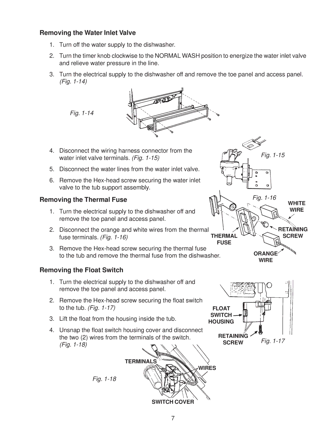 Kenmore DU910PFG, DU890DWG, DU920PFG Removing the Water Inlet Valve, Removing the Thermal Fuse, Removing the Float Switch 