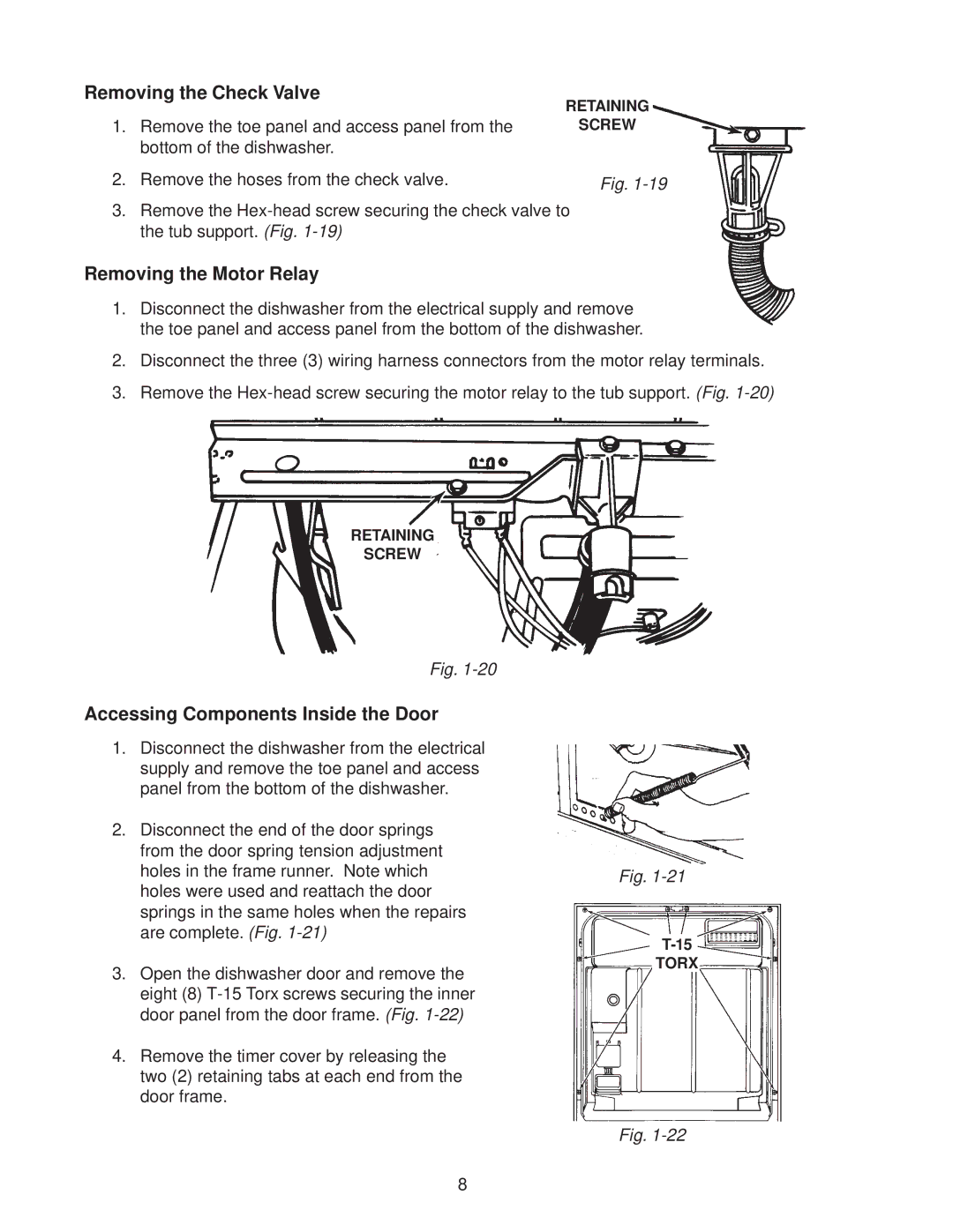 Kenmore DU890DWG, DU910PFG manual Removing the Check Valve, Removing the Motor Relay, Accessing Components Inside the Door 