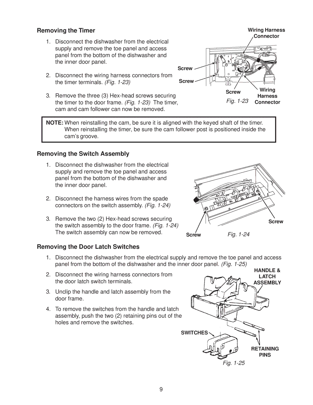 Kenmore DU920PFG, DU910PFG, DU890DWG Removing the Timer, Removing the Switch Assembly, Removing the Door Latch Switches 