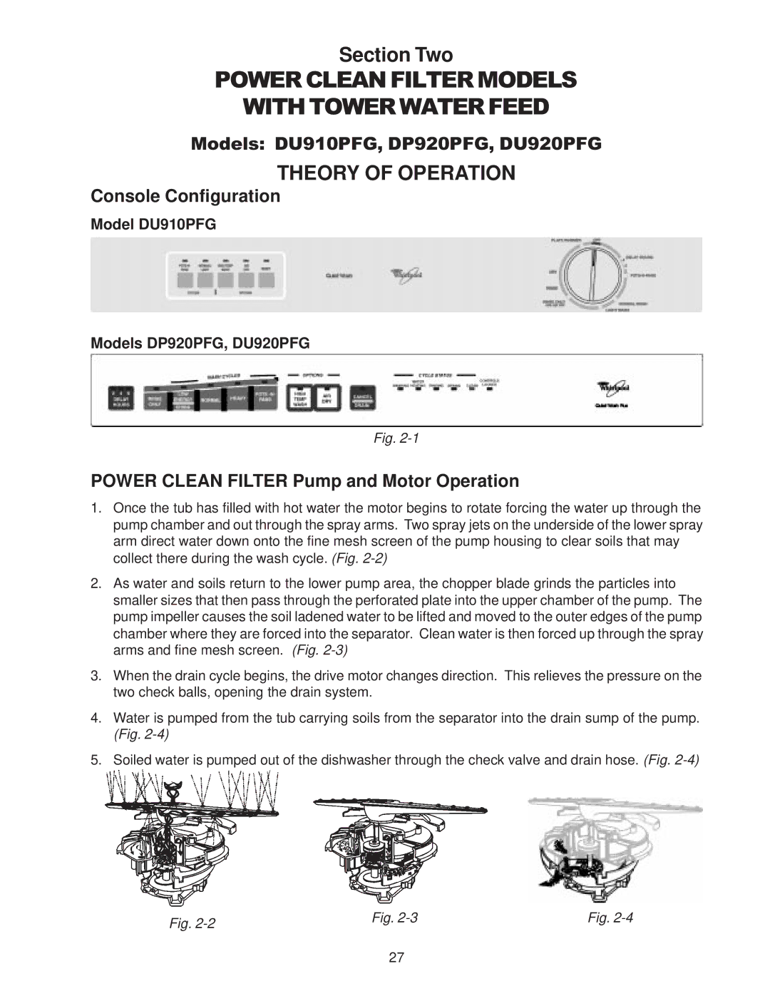 Kenmore DU800DWG, DU890DWG manual Power Clean Filter Models With Tower Water Feed, Model DU910PFG Models DP920PFG, DU920PFG 