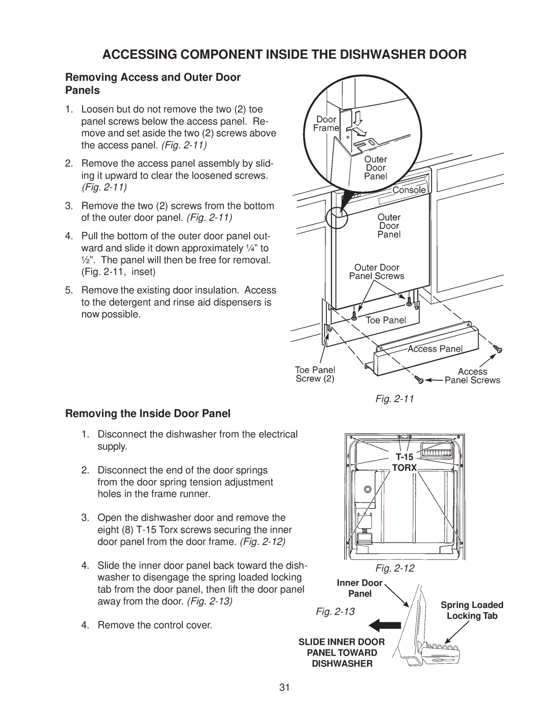 Kenmore DU920PFG, DU910PFG, DU890DWG, GU960SCG manual Removing Access and Outer Door Panels, Removing the Inside Door Panel 