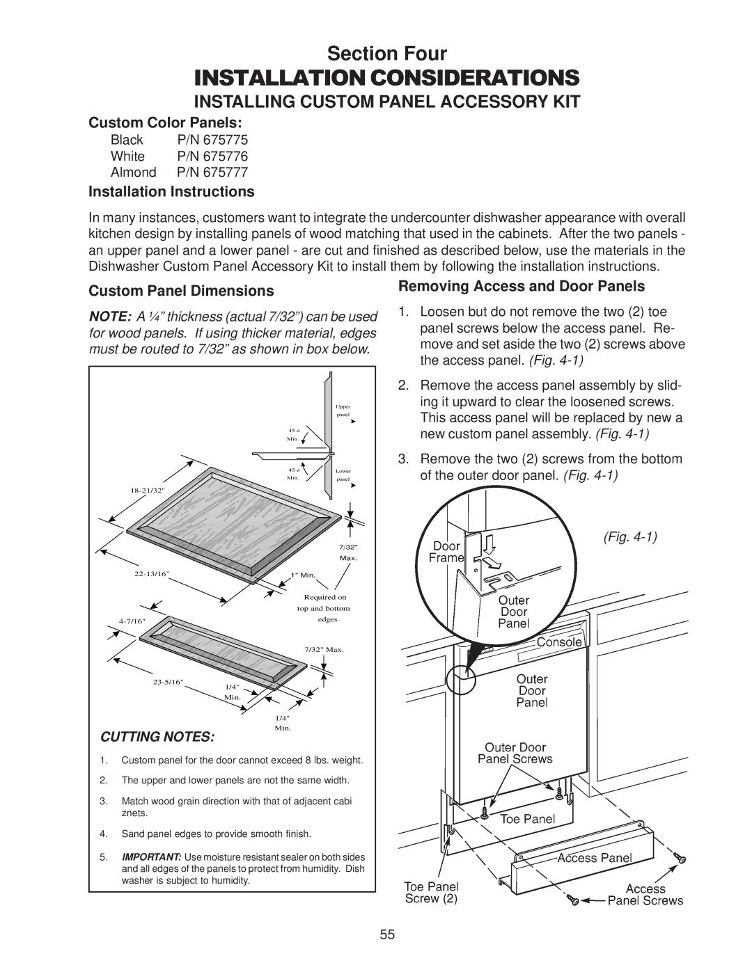 Kenmore DU850DWG Custom Color Panels, Installation Instructions, Custom Panel Dimensions Removing Access and Door Panels 