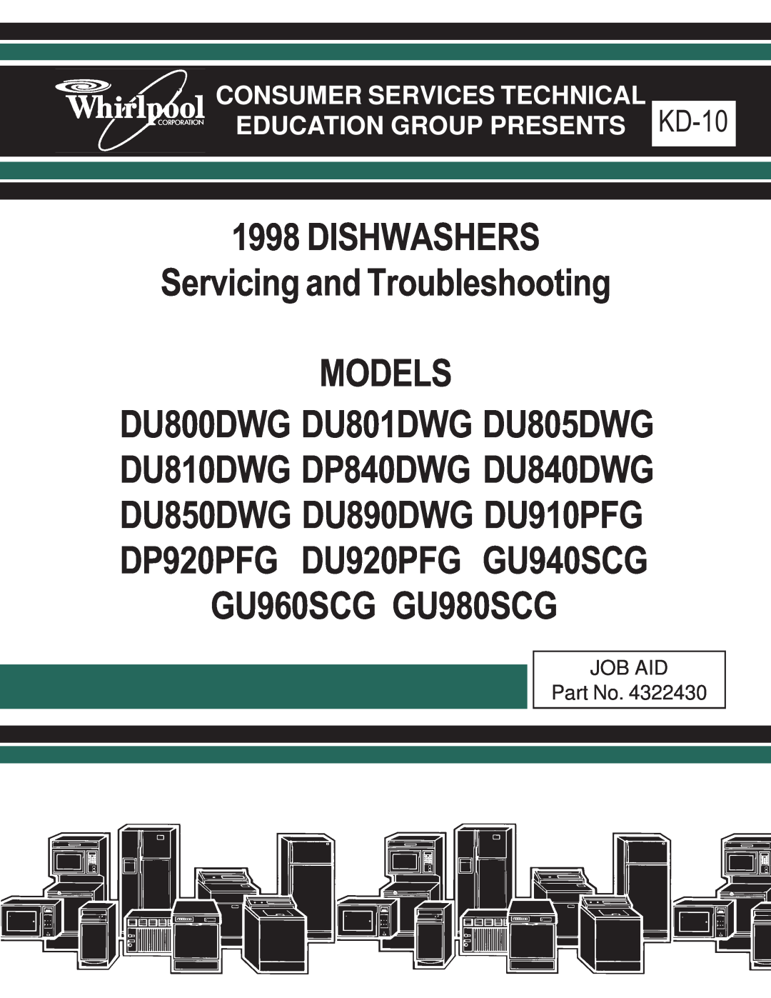 Kenmore DU890DWG, DU910PFG, DU920PFG, GU960SCG manual DISHWASHERS Servicing and Troubleshooting MODELS, KD-10, Job Aid 
