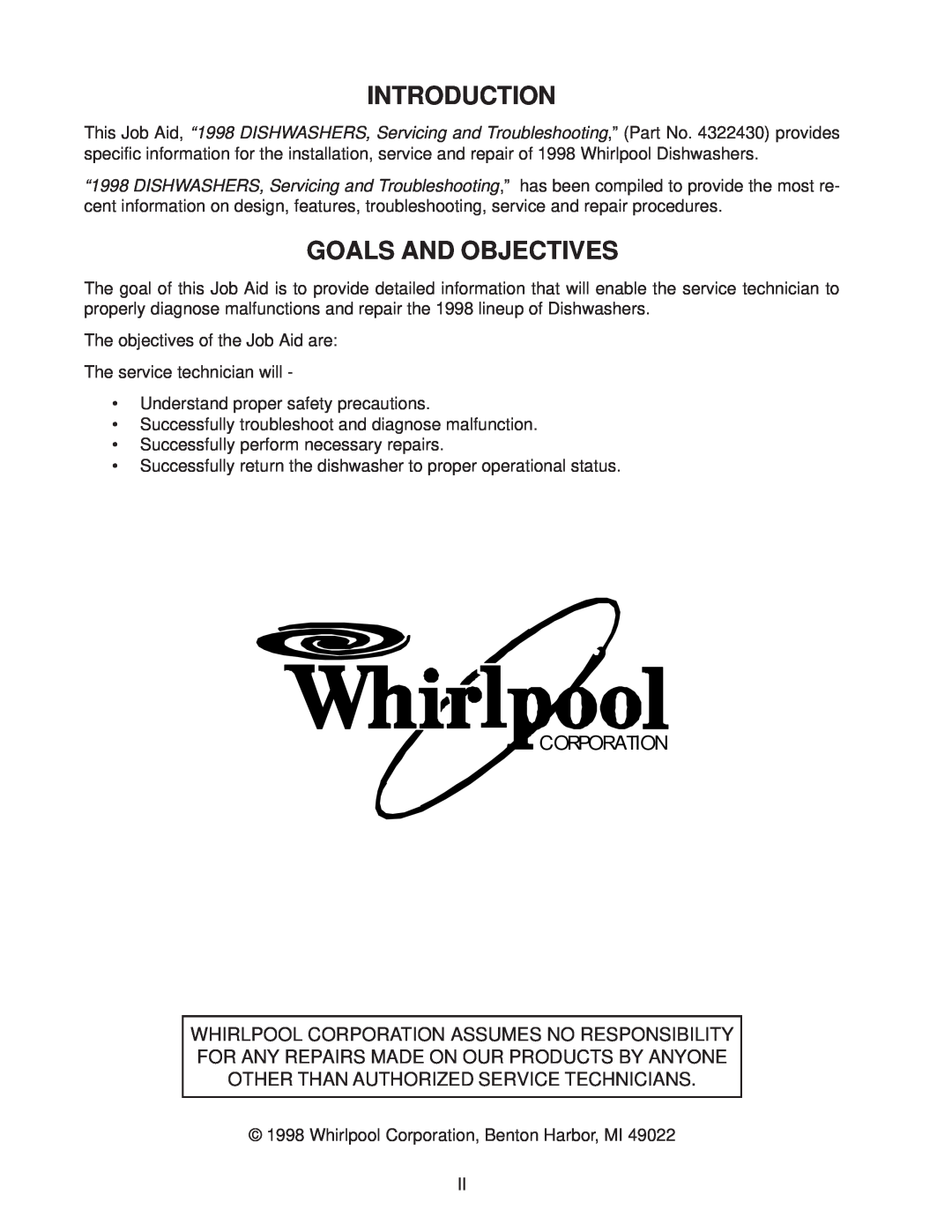 Kenmore DU920PFG, DU910PFG manual Introduction, Goals And Objectives, Whirlpool Corporation Assumes No Responsibility 