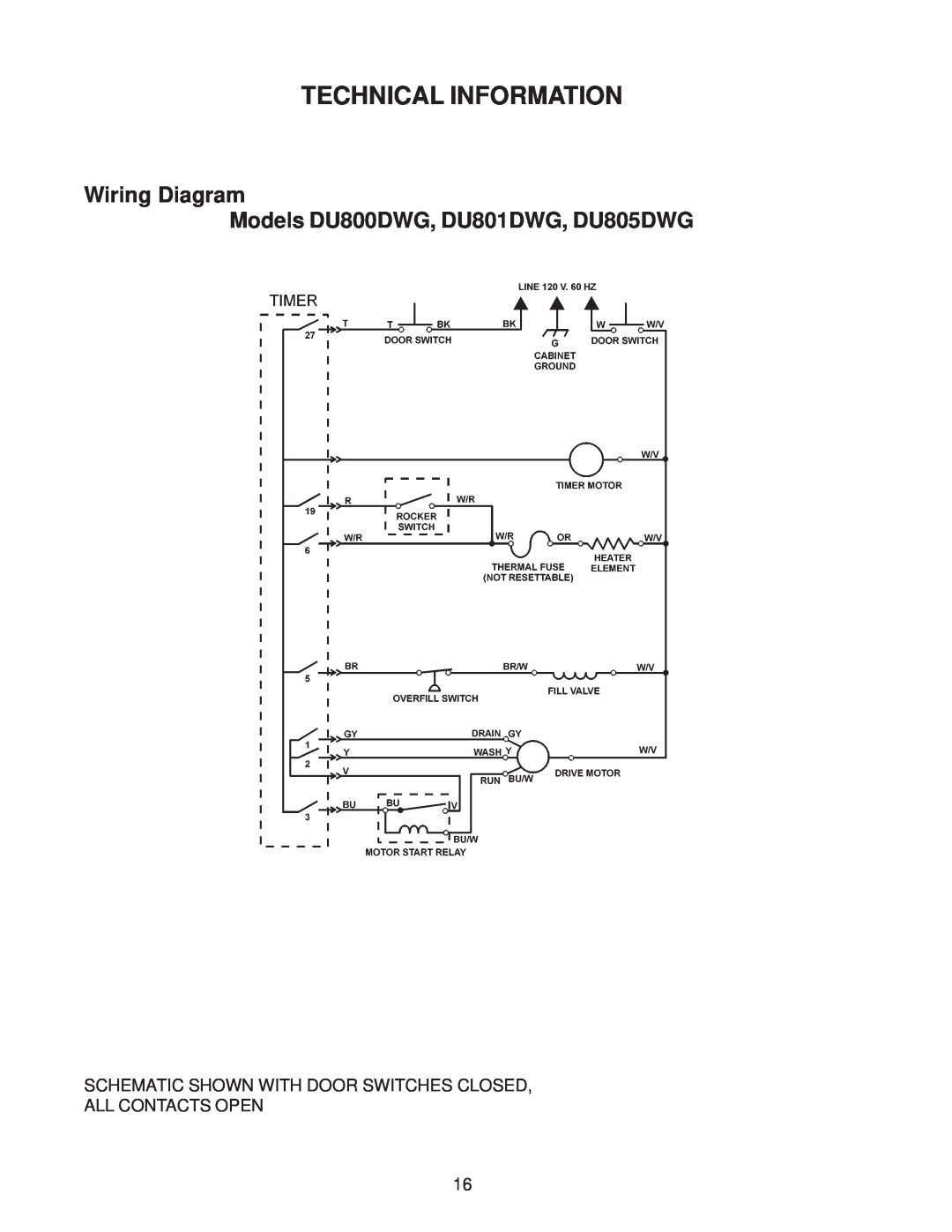 Kenmore DU910PFG, DU890DWG, DU920PFG, GU960SCG Technical Information, Wiring Diagram Models DU800DWG, DU801DWG, DU805DWG 