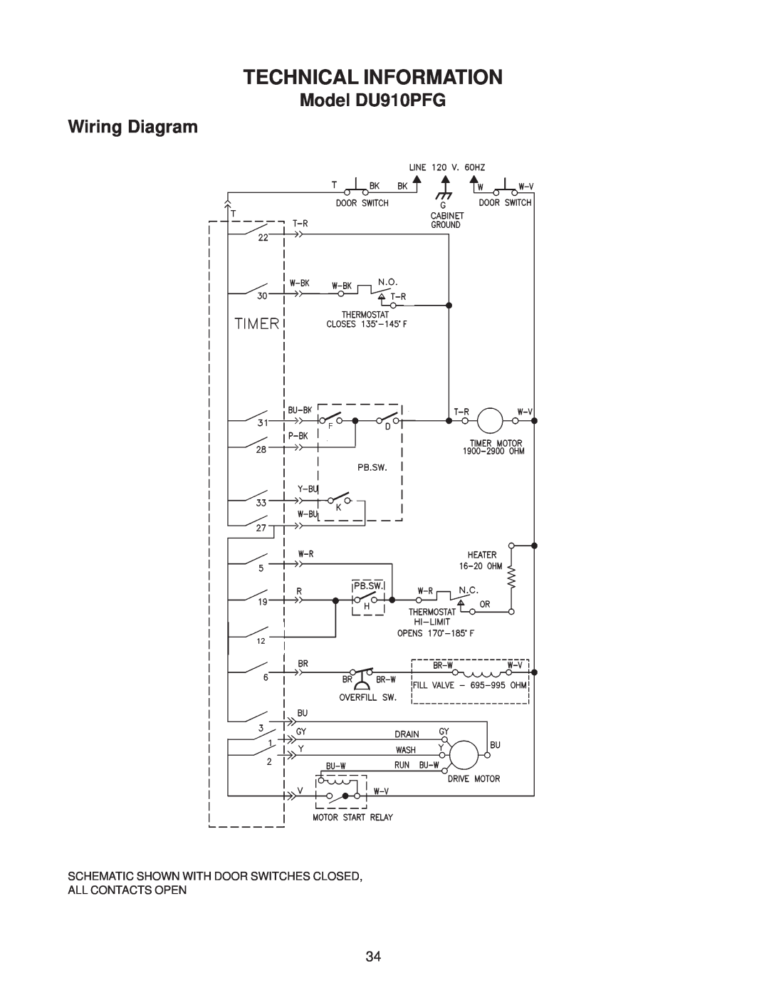 Kenmore DP840DWG, DU890DWG, DU920PFG, GU960SCG, DU850DWG, DU805DWG manual Model DU910PFG Wiring Diagram, Technical Information 