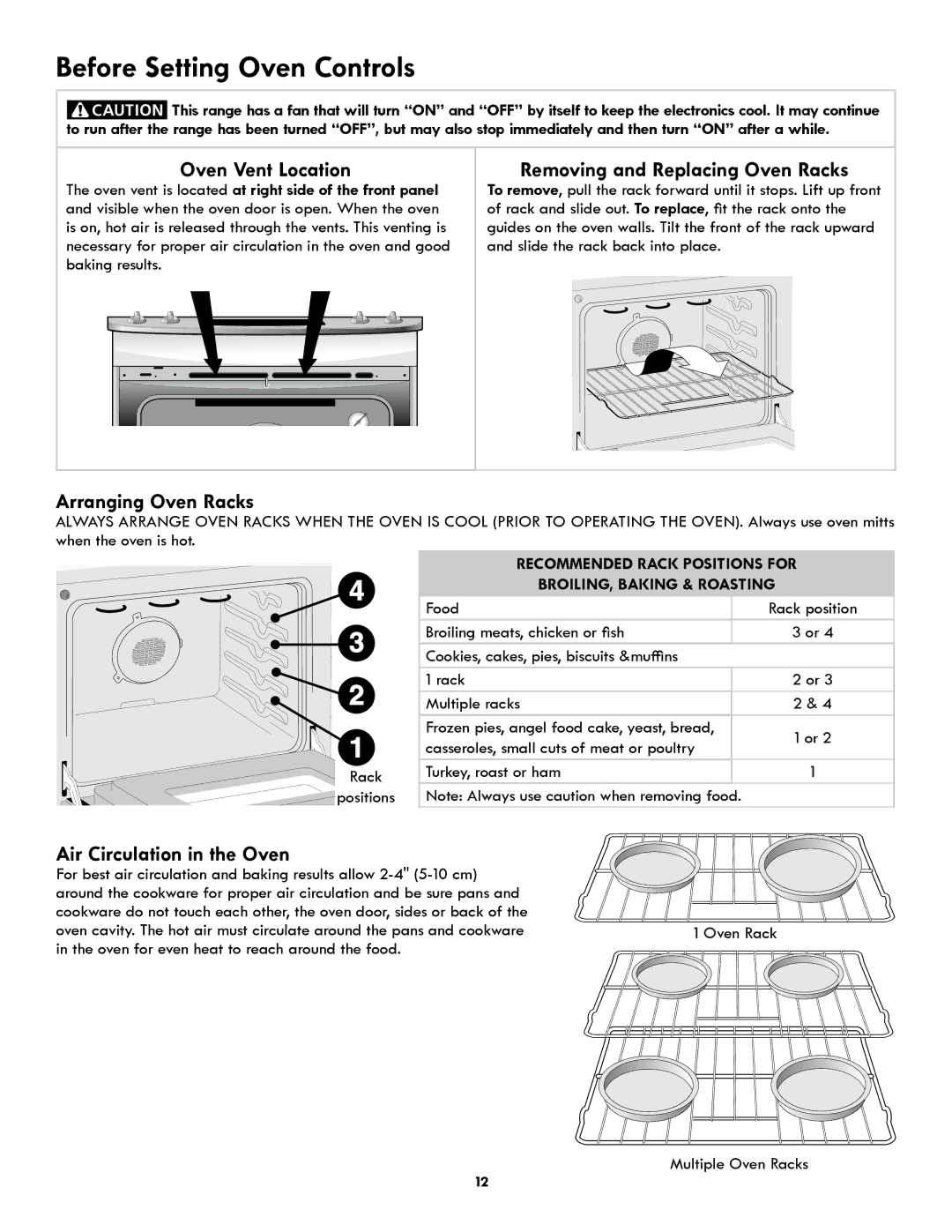 Kenmore Electric Range Before Setting Oven Controls, Oven Vent Location, Removing and Replacing Oven Racks 