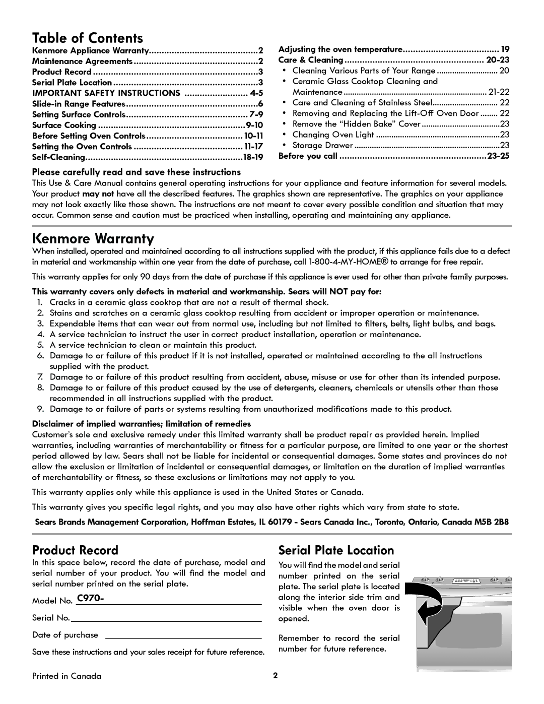 Kenmore Electric Range, PN 318205824A -1012 manuel dutilisation Table of Contents 