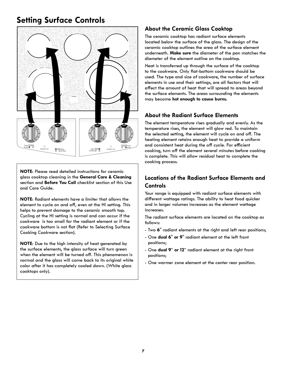Kenmore PN 318205824A -1012 Setting Surface Controls, About the Ceramic Glass Cooktop, About the Radiant Surface Elements 