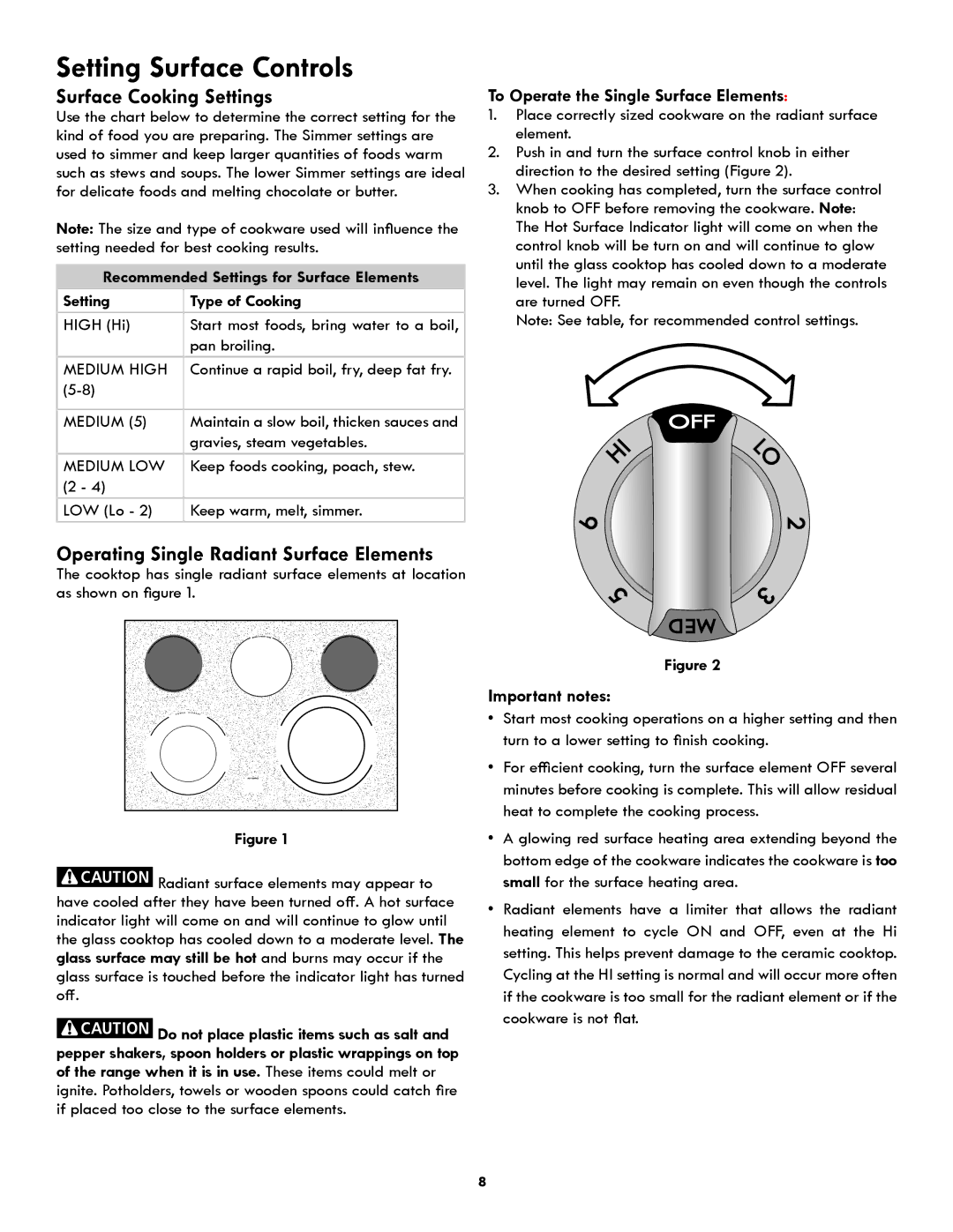 Kenmore Electric Range Surface Cooking Settings, To Operate the Single Surface Elements, Important notes 