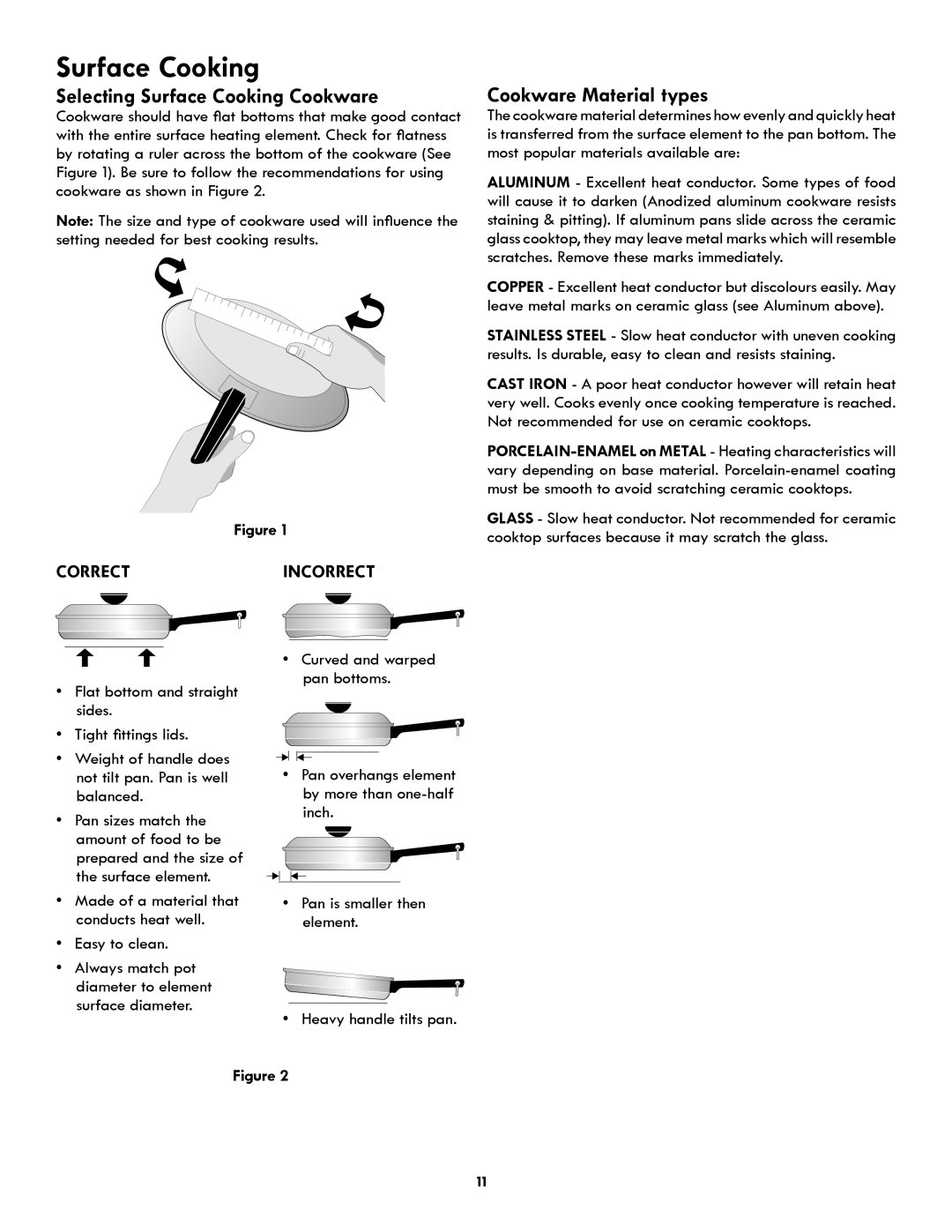 Kenmore PN 318205824A -1012 Selecting Surface Cooking Cookware, Cookware Material types, CorrectINCorrect 
