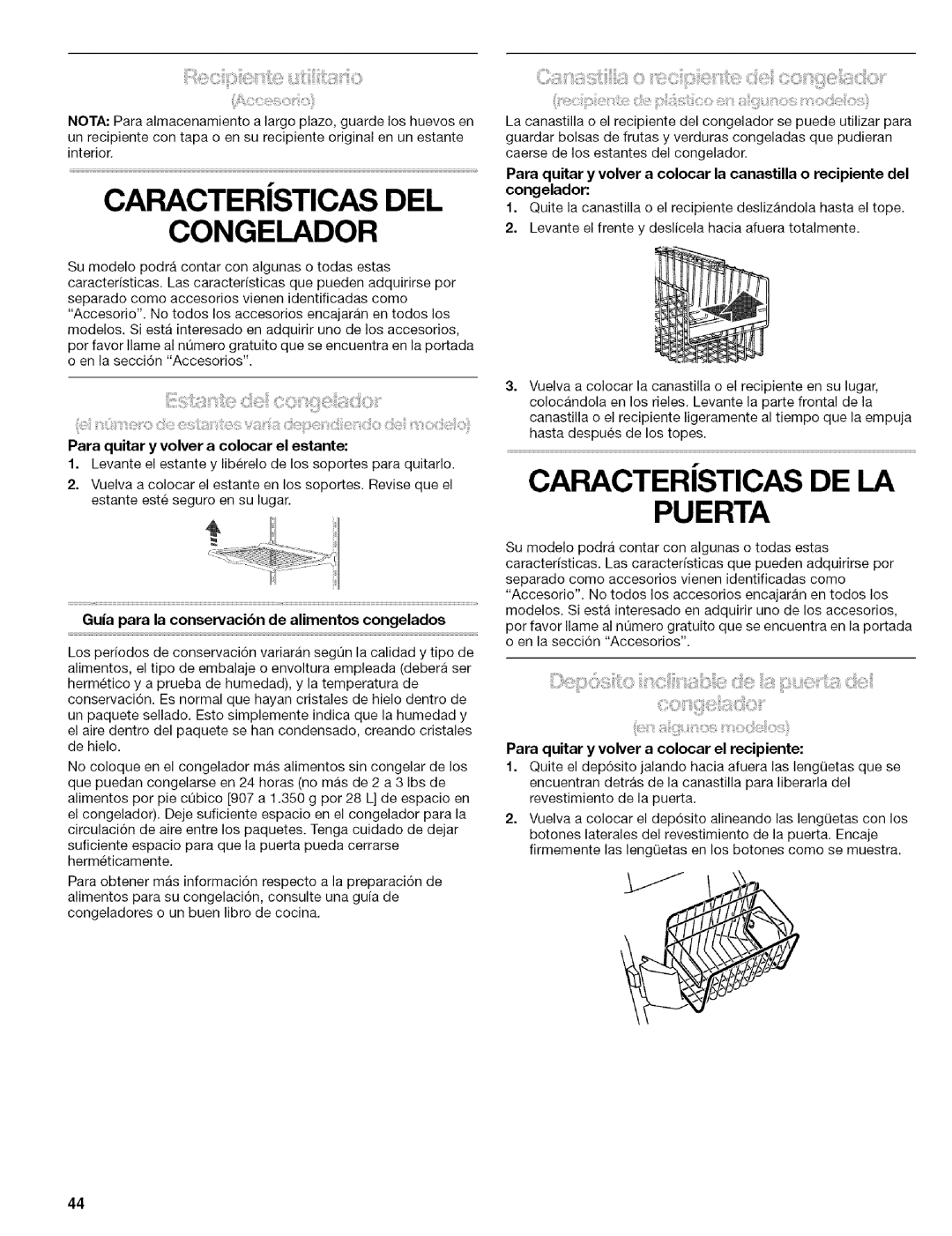 Kenmore Elite manual Puerta, Para quitar y volver a colocar el estante, Guia para la conservacibn de alimentos congelados 