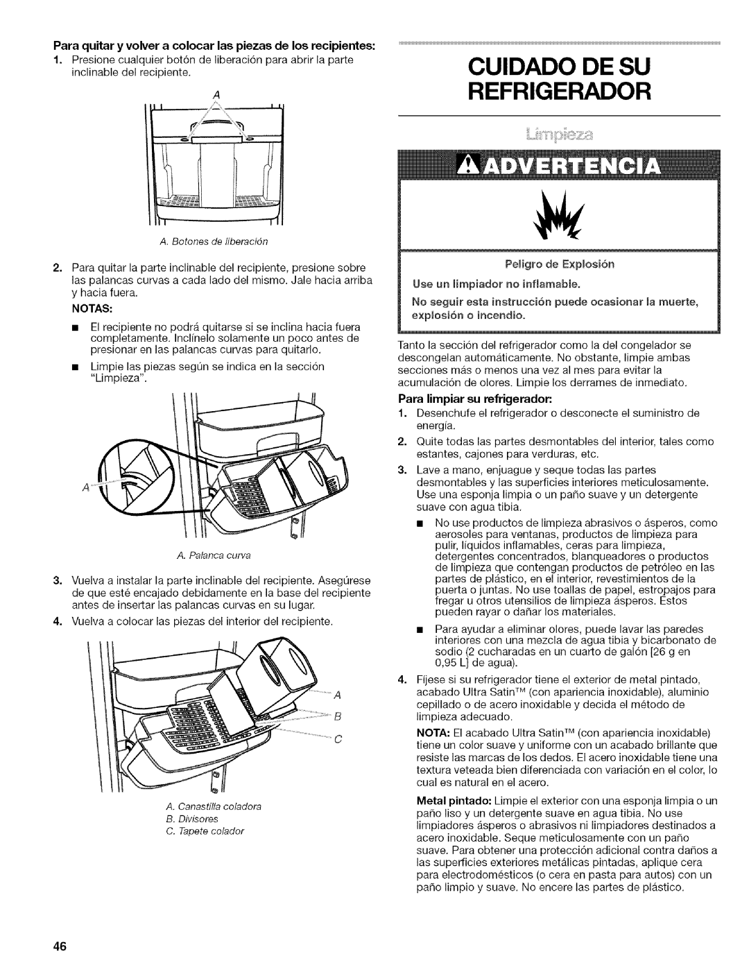 Kenmore 10656713500, Elite, 10656719500, 10656716500, 10656714500 Cuidado DE SU Refrigerador, Para limpiar su refrigerador 