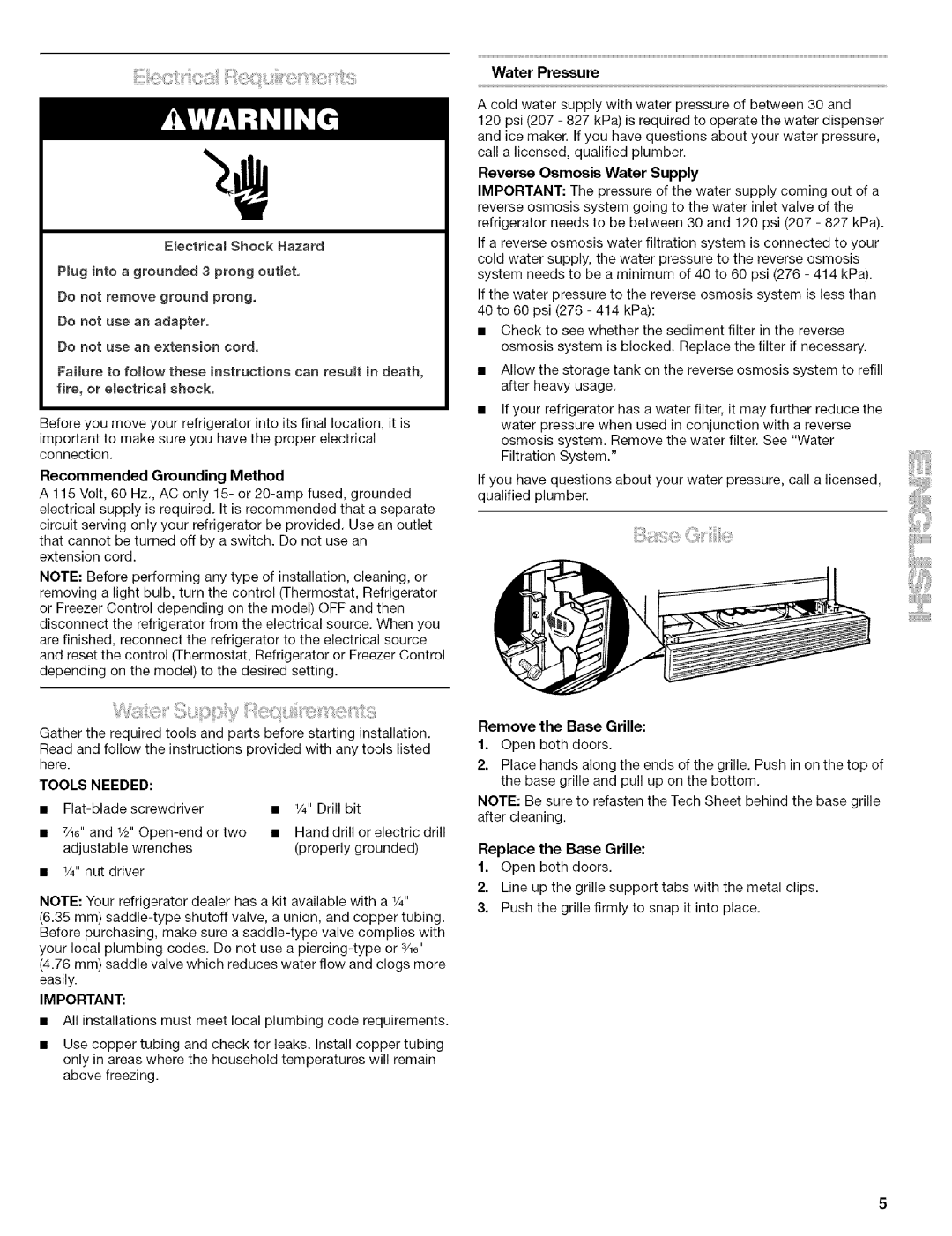 Kenmore 10656709500, Elite manual Recommended Grounding Method, Tools Needed, Water Pressure, Reverse Osmosis Water Supply 